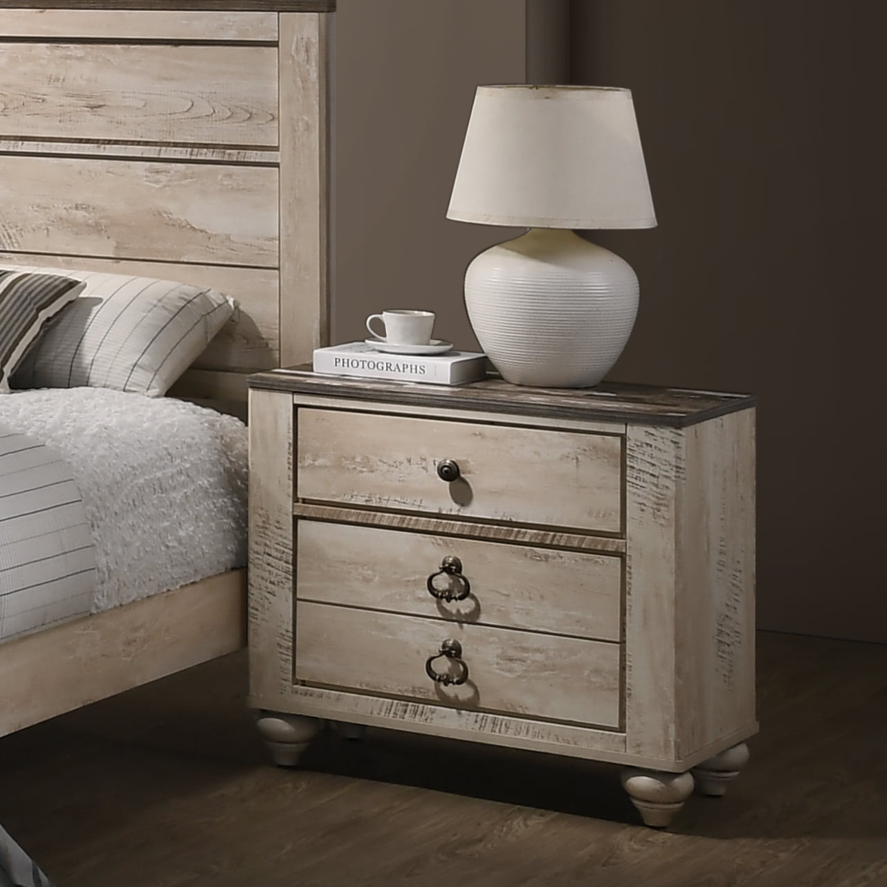 Roundhill Imerland Contemporary White Wash Finish Patched Wood Top 3-drawer Nightstand