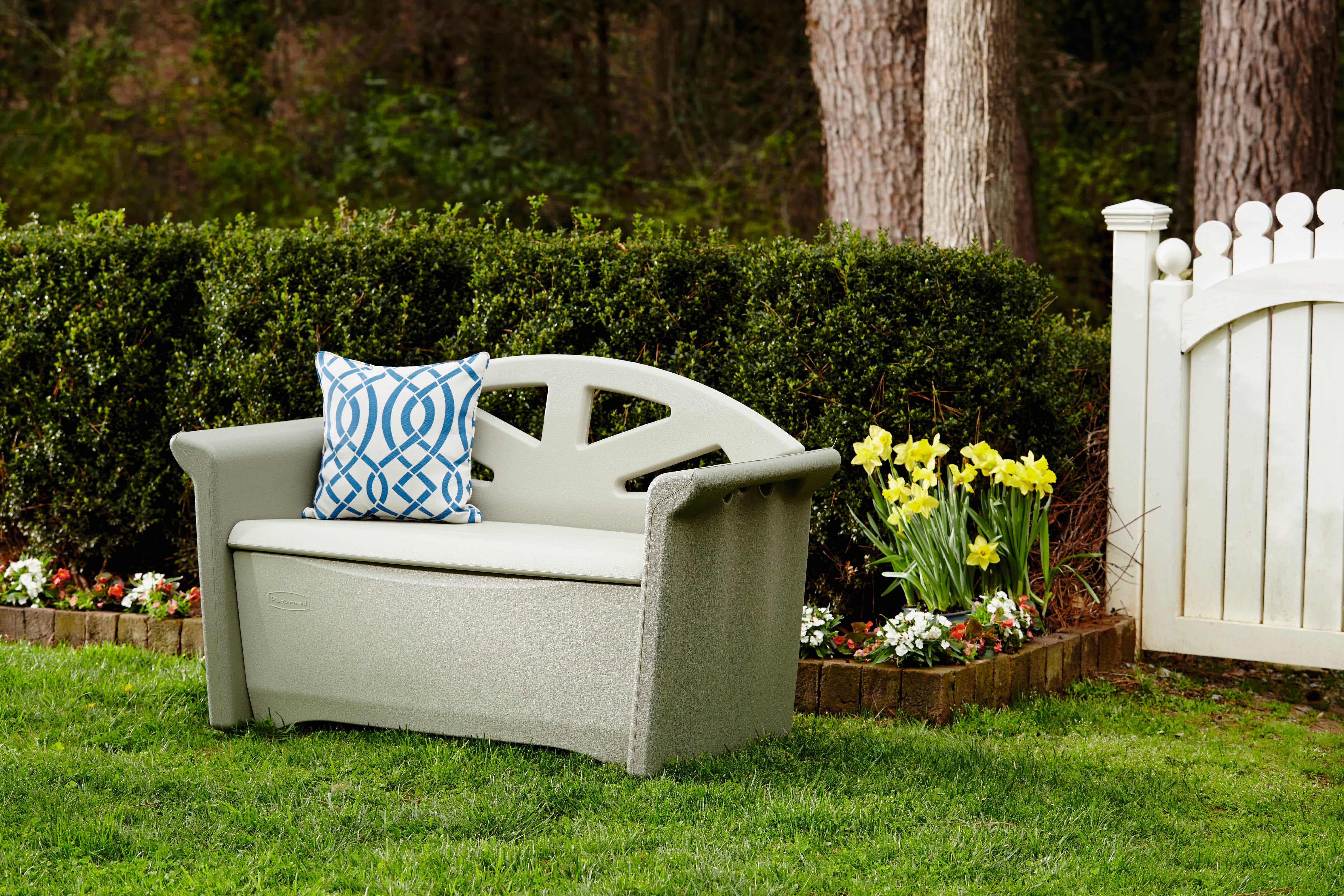 Rubbermaid Outdoor Patio Storage Bench, Resin, Olive & Sandstone