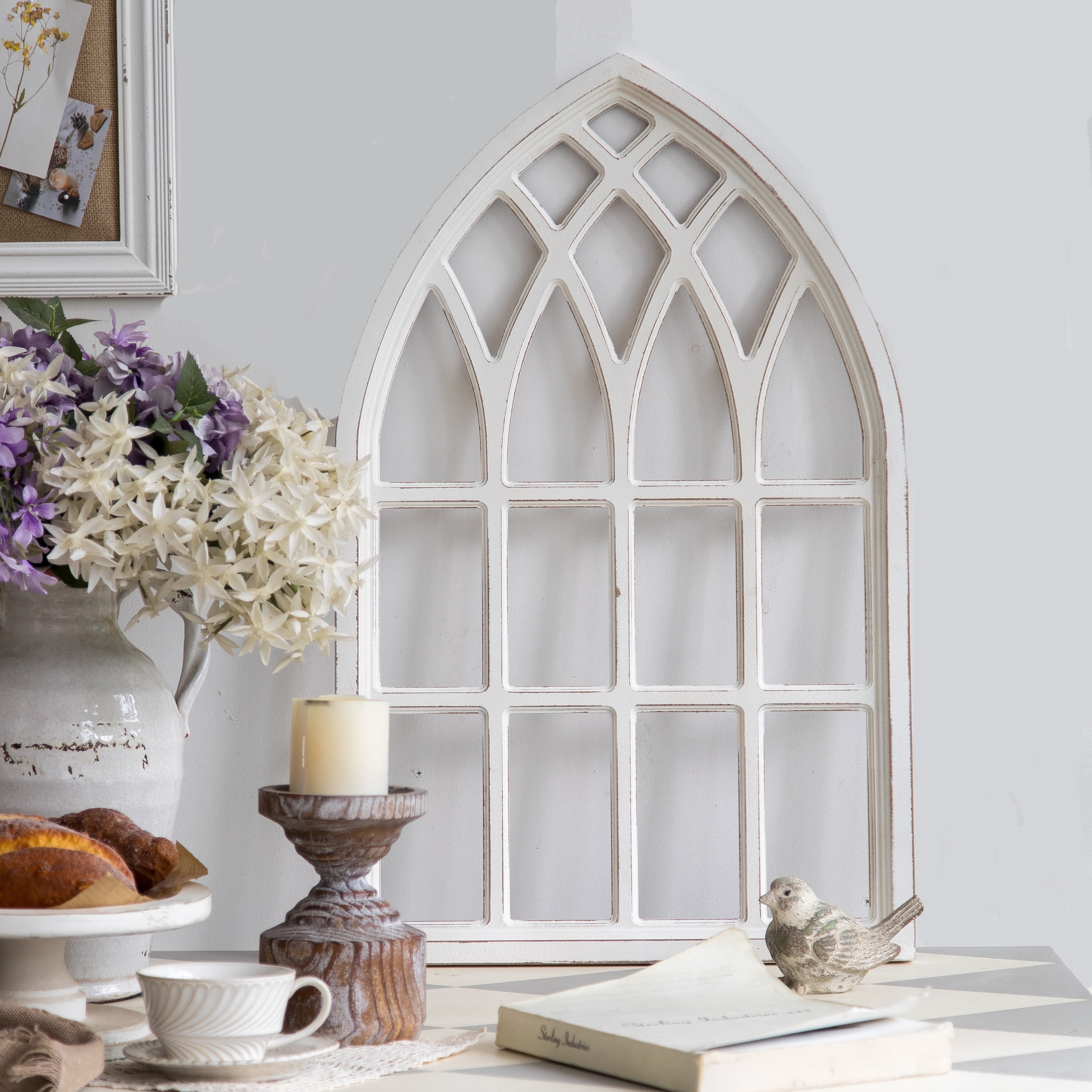 Sintosin Farmhouse Arched Window Frame for Wall Art 20" x 32", Rustic Hanging Distressed White Window Pane Wall Decor Artwork, MDF