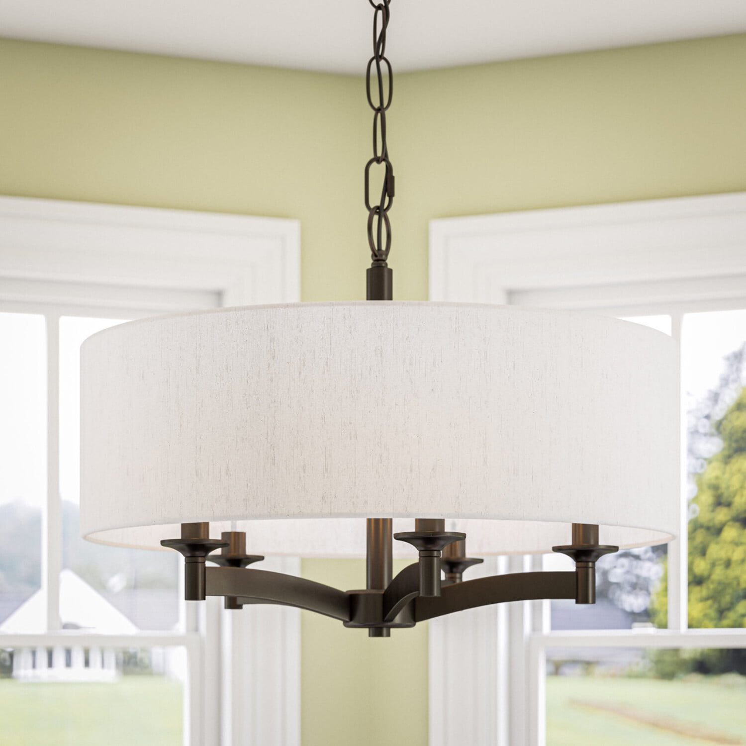 Kenroy Home Rutherford 22'' Pendant Light Fixture with Taupe Fabric Drum Shade for Dining Room, Kitchen Table, Bathroom, Foyer, or Entryway, Oil Rubbed Bronze