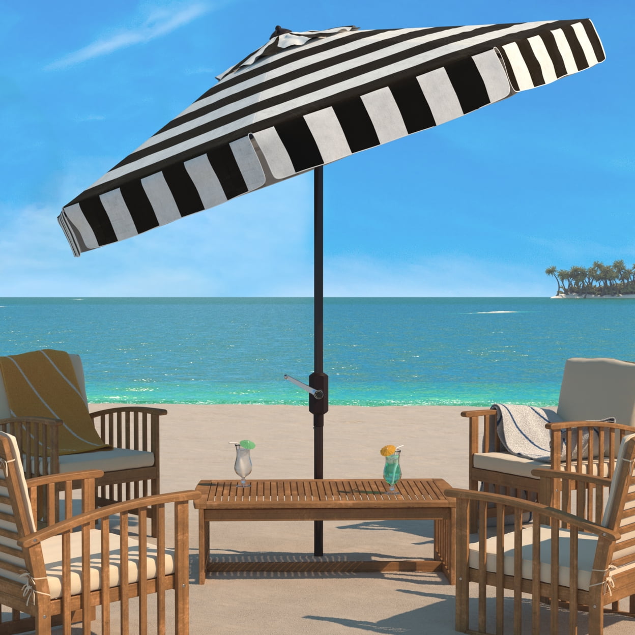 Safavieh Elsa 11' Market Crank Round Patio Umbrella, Black/White