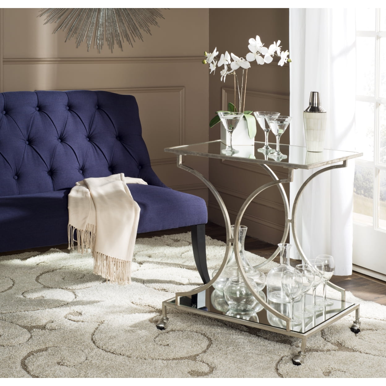 Safavieh Ignatius 2-Tier Solid Arched Bar Cart with Casters, Silver/Mirror Top