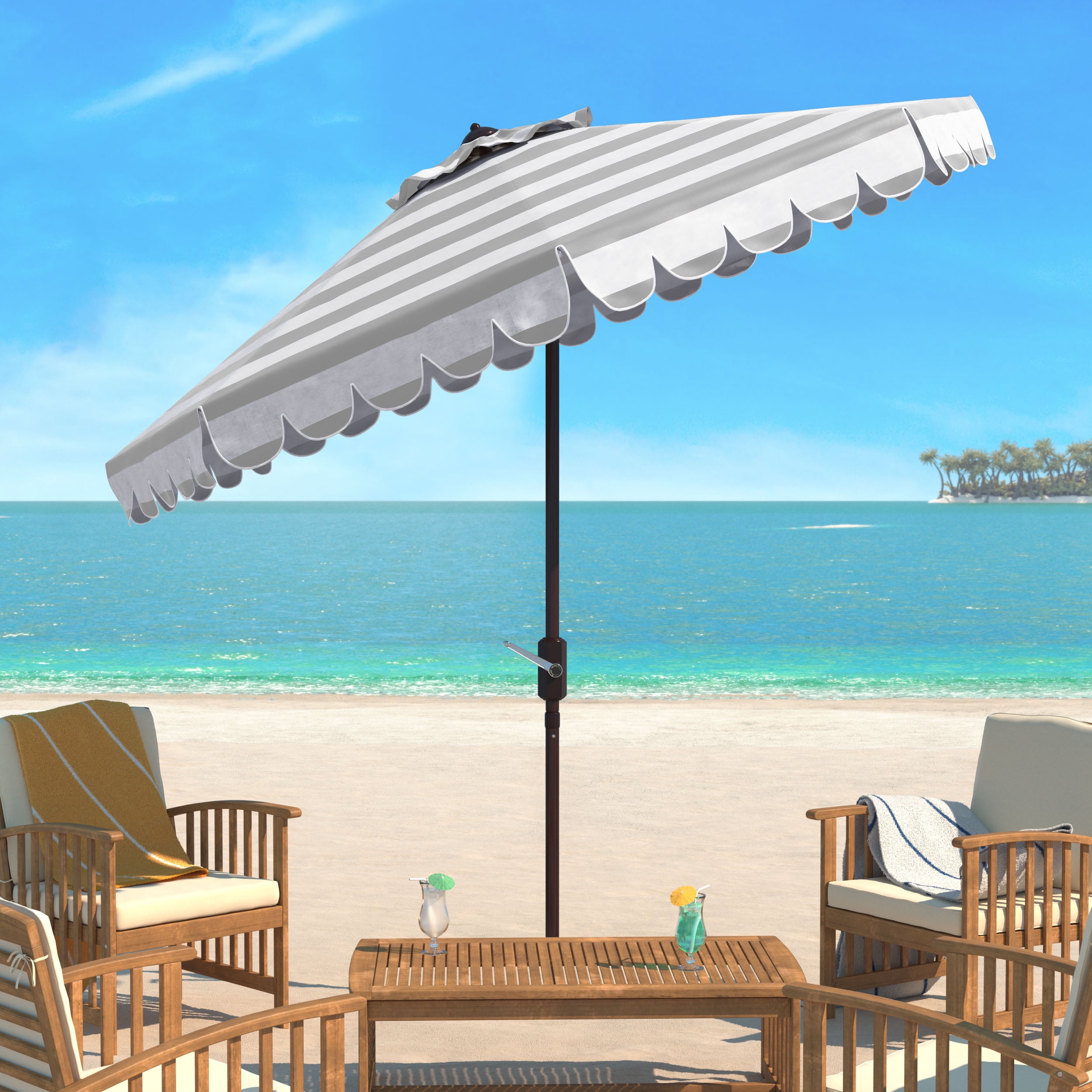 Safavieh Maui 9' Market Crank Striped Tilt Patio Umbrella, Grey/White