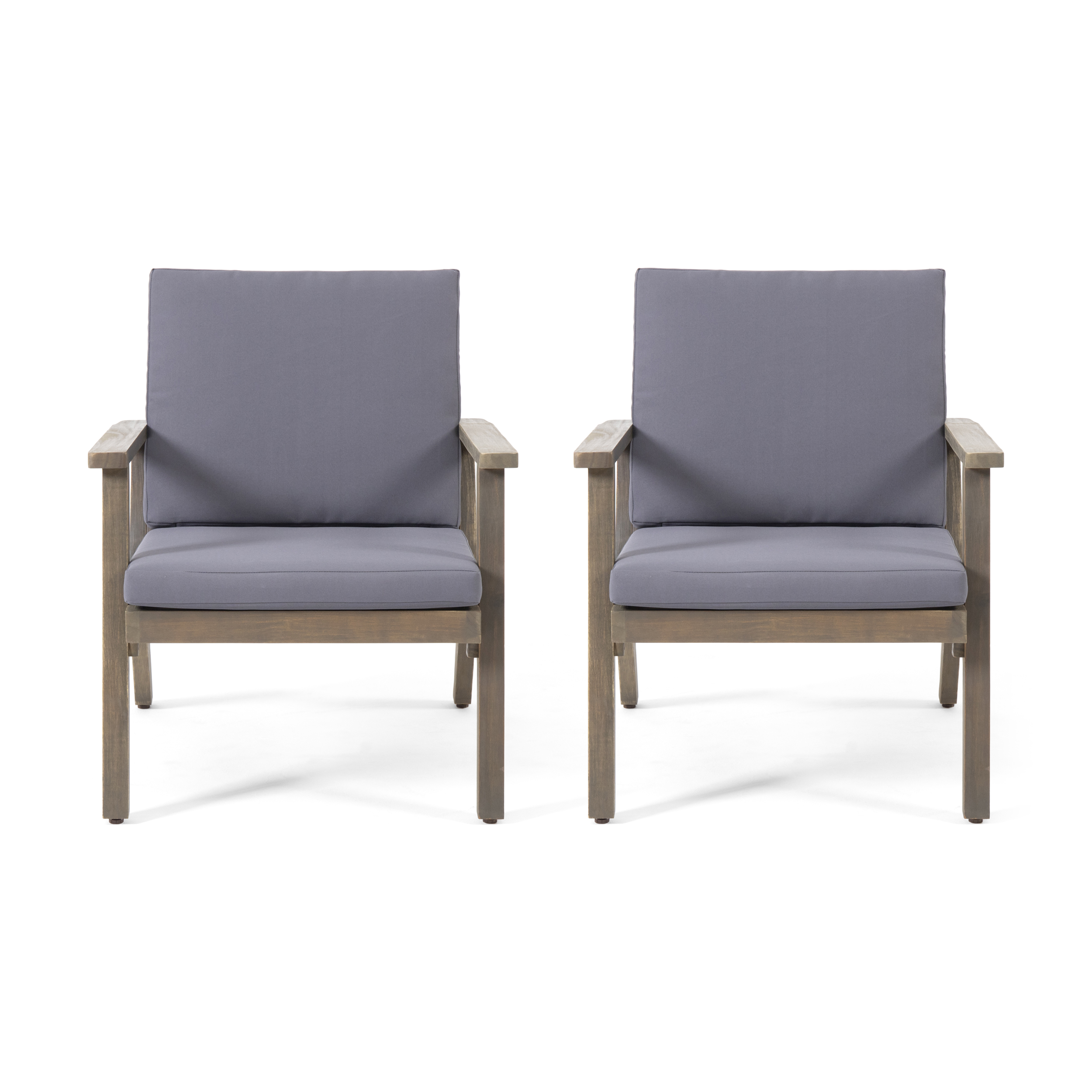 Sasha Outdoor Acacia Wood Club Chairs with Cushions, Set of 2, Gray, Dark Gray
