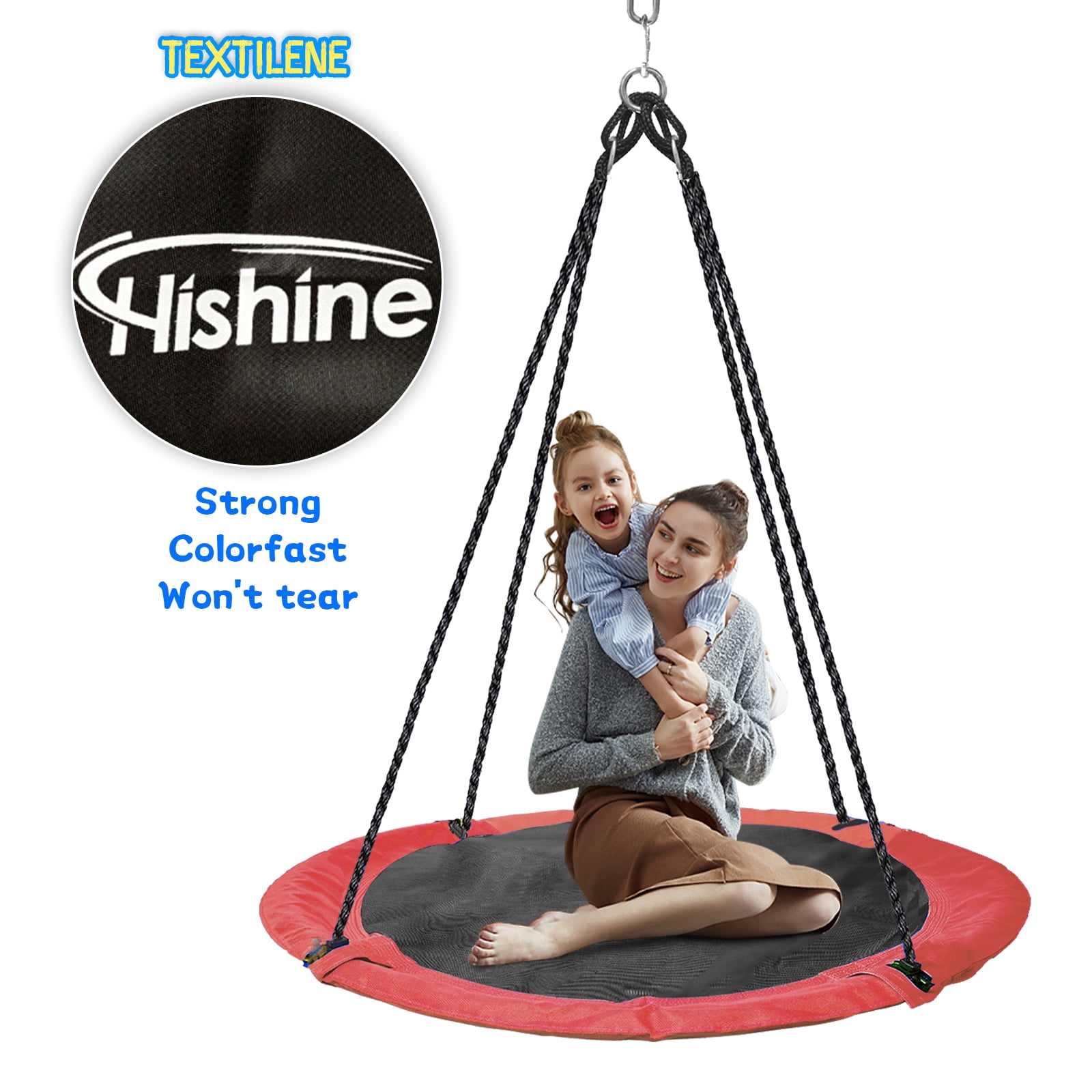 Saucer Tree Swing for Kids, 43" Waterproof Flying Saucer Swing with A Swivel, Hanging Straps, Adjustable Ropes, Galvanized steel frame, padded with foam, Easy to Install Round Mat Spinner Swing, Red