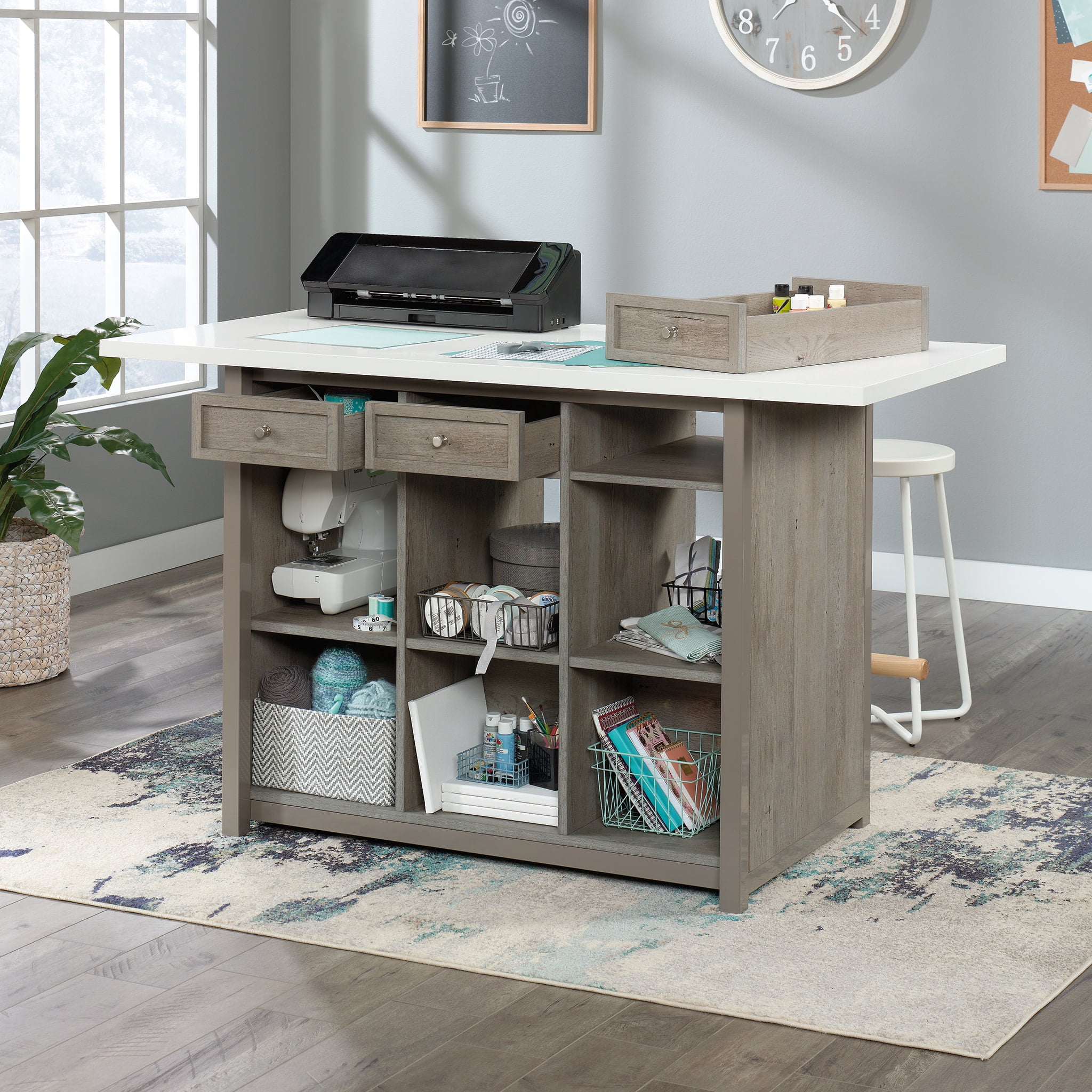 Sauder Craft Pro Series Work Table with Drawers, Mystic Oak finish