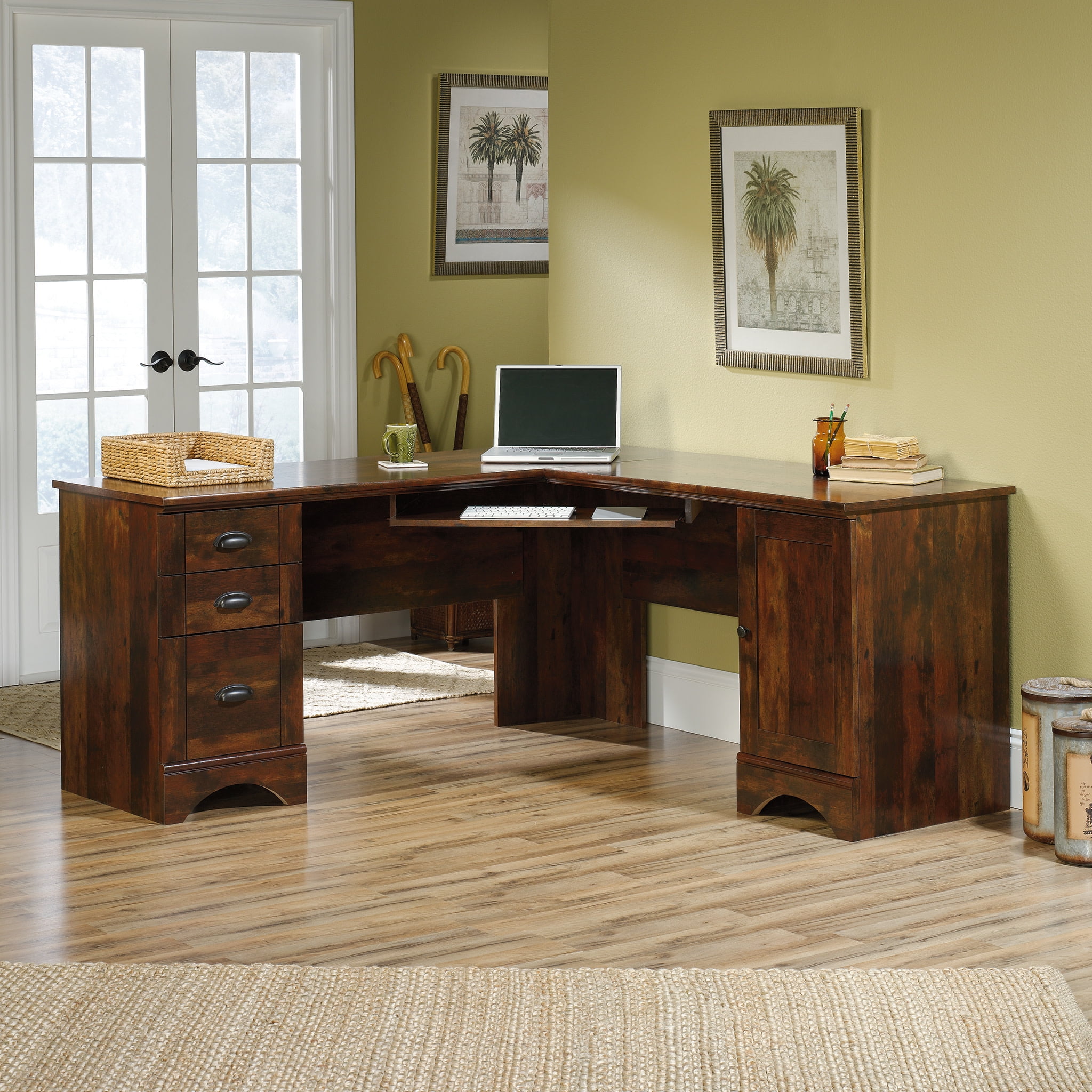 Sauder Harbor View Corner Computer Desk with Storage, Curado Cherry Finish