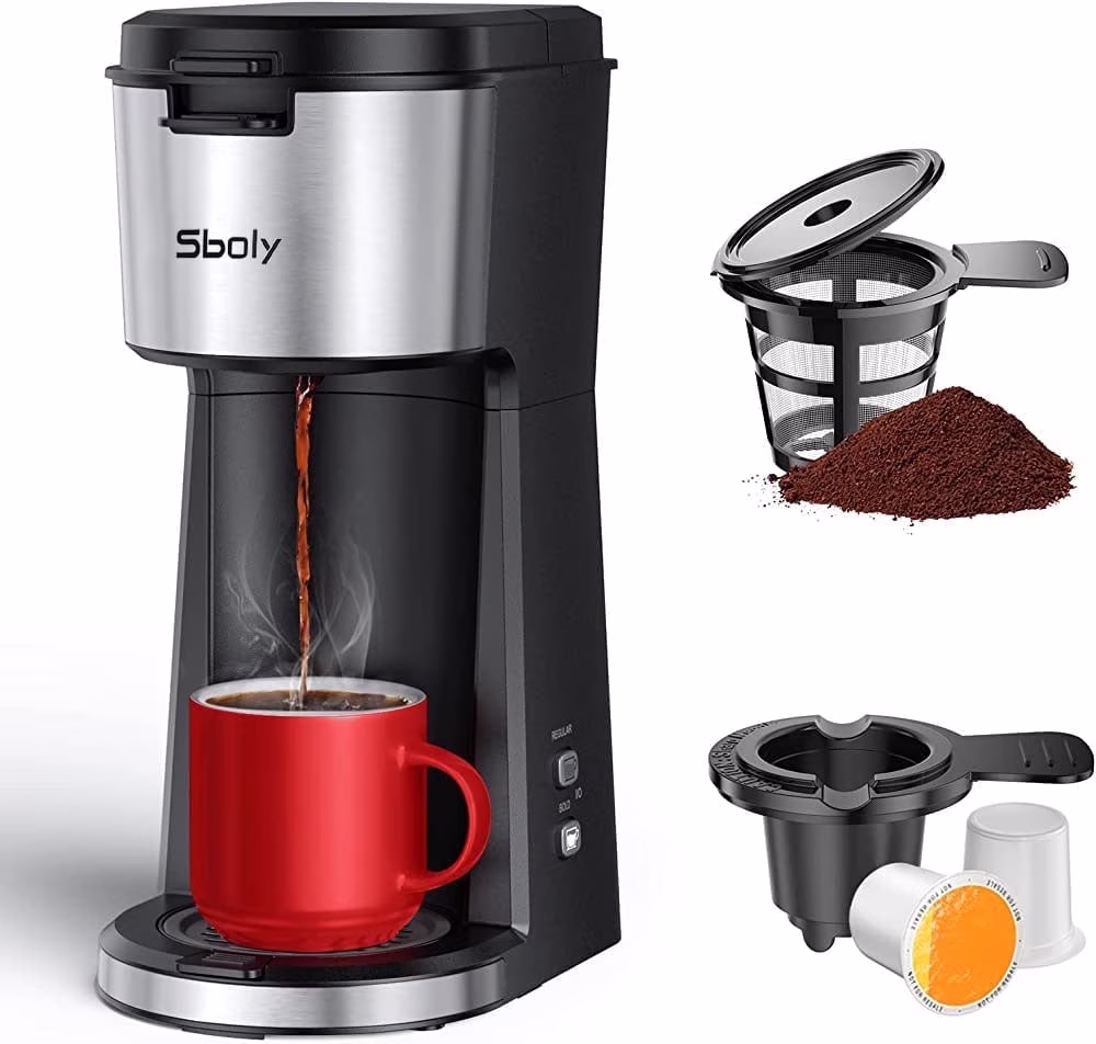 Sboly Single Serve Coffee Maker for K Cups & Ground Coffee, 2-in-1 Brewer with Bold Brew Setting, 6 to 14 Oz. Adjustable Cup Size, Fits Travel Mug, Classic Black