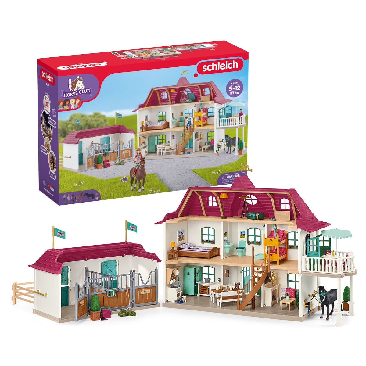 Schleich Horse Club - 192PC Lakeside Country House and Stable Playset with Horses, Rider Figures and Accessories - Horse Toys for Kids 5+ - 42551