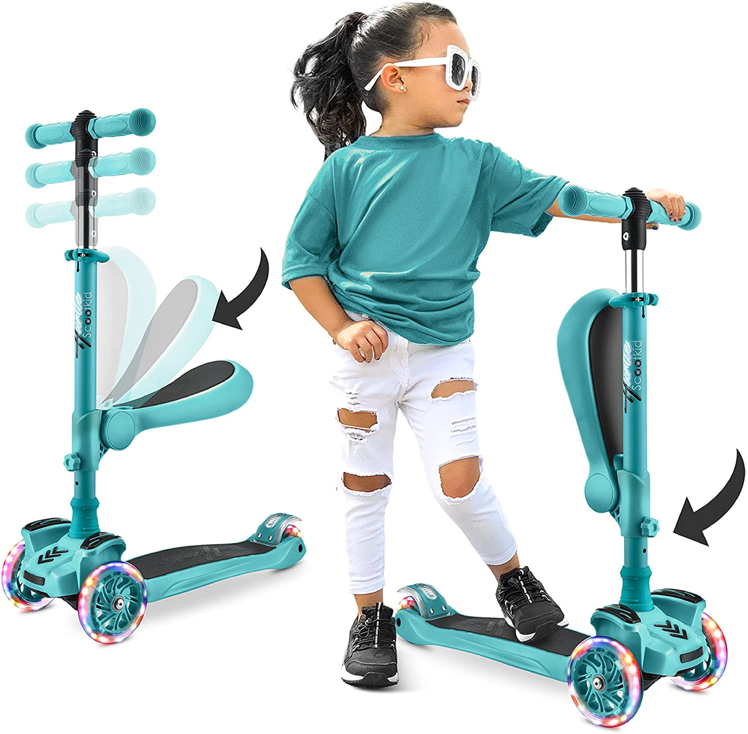 ScootKid 3-Wheel Kids Scooter - Child & Toddler Toy Scooter with Built-in LED Wheel Lights, Fold-Out Comfort Seat (Ages 1+) (Teal Blue)