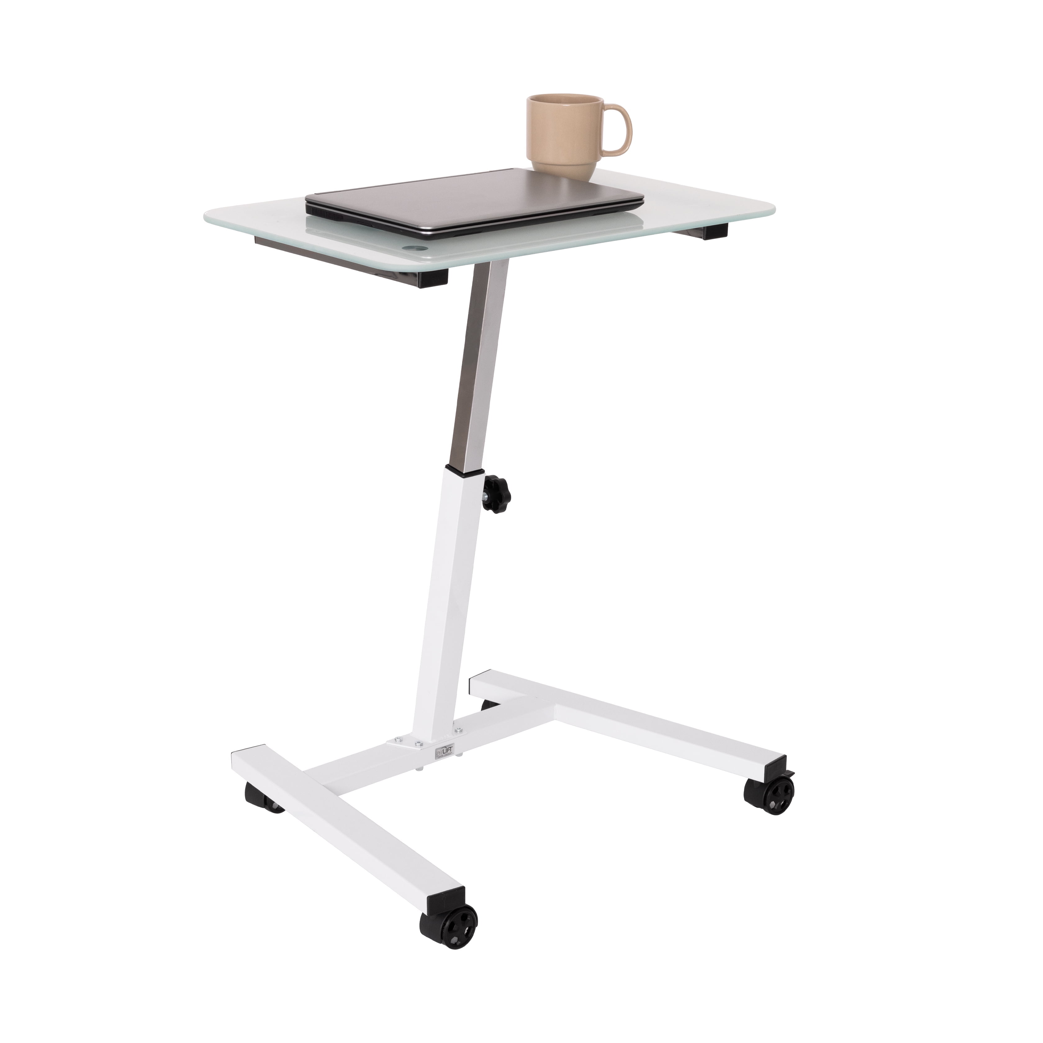 Seville Classics airLIFT 23.7" Tempered Glass Height Adjustable Mobile Laptop Desk Cart, White