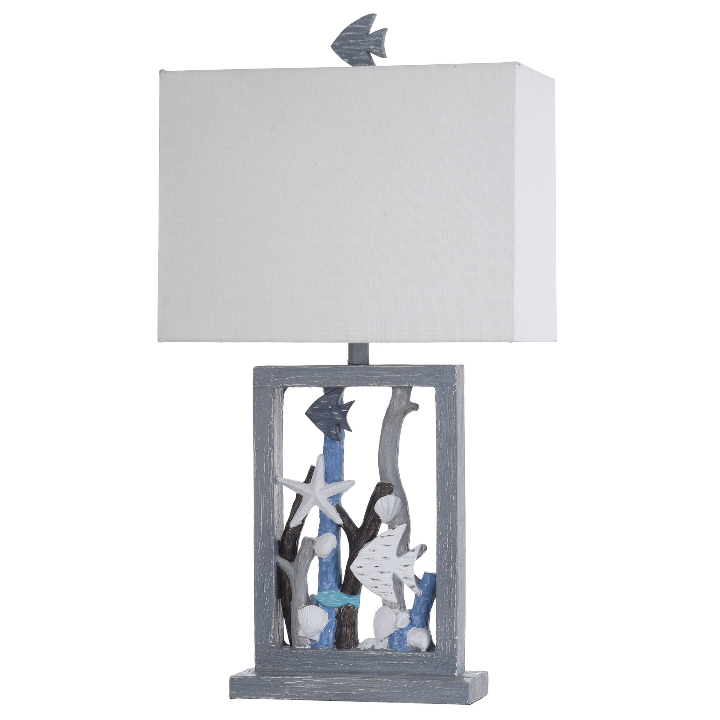 Seaford - Framed Seascape Fish, Starfish and Driftwood Table Lamp with Rectangle Shade - Blue, Multi-Neutrals, and Weathered Wood Finish with White Shade