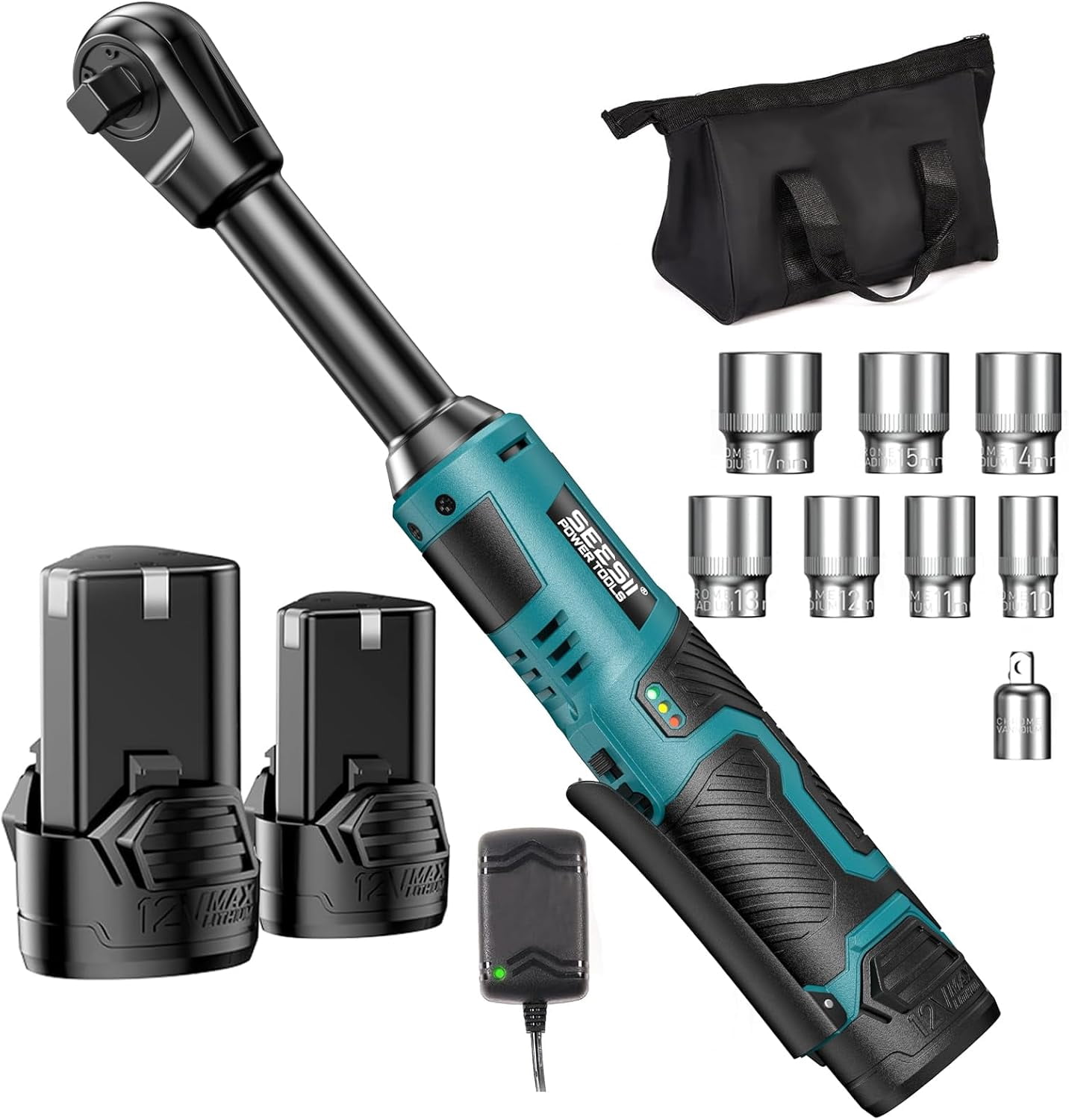 Seesii 3/8" Cordless Ratchet Wrench, 40Ft-lbs (54N.m) 220RPM Light Weight Powered Electric Ratchet, 6" Extended Long Neck with Built-in LED, 2x 2.0Ah Batteries, 7x Sockets(10/11/12/13/14/15/17mm)
