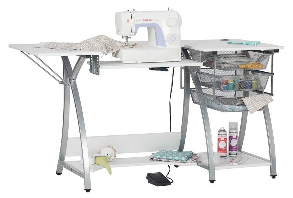 Sew Ready Pro Stitch Sewing Desk with Folding Top Metal Drawers and Storage Shelves Shilver/White