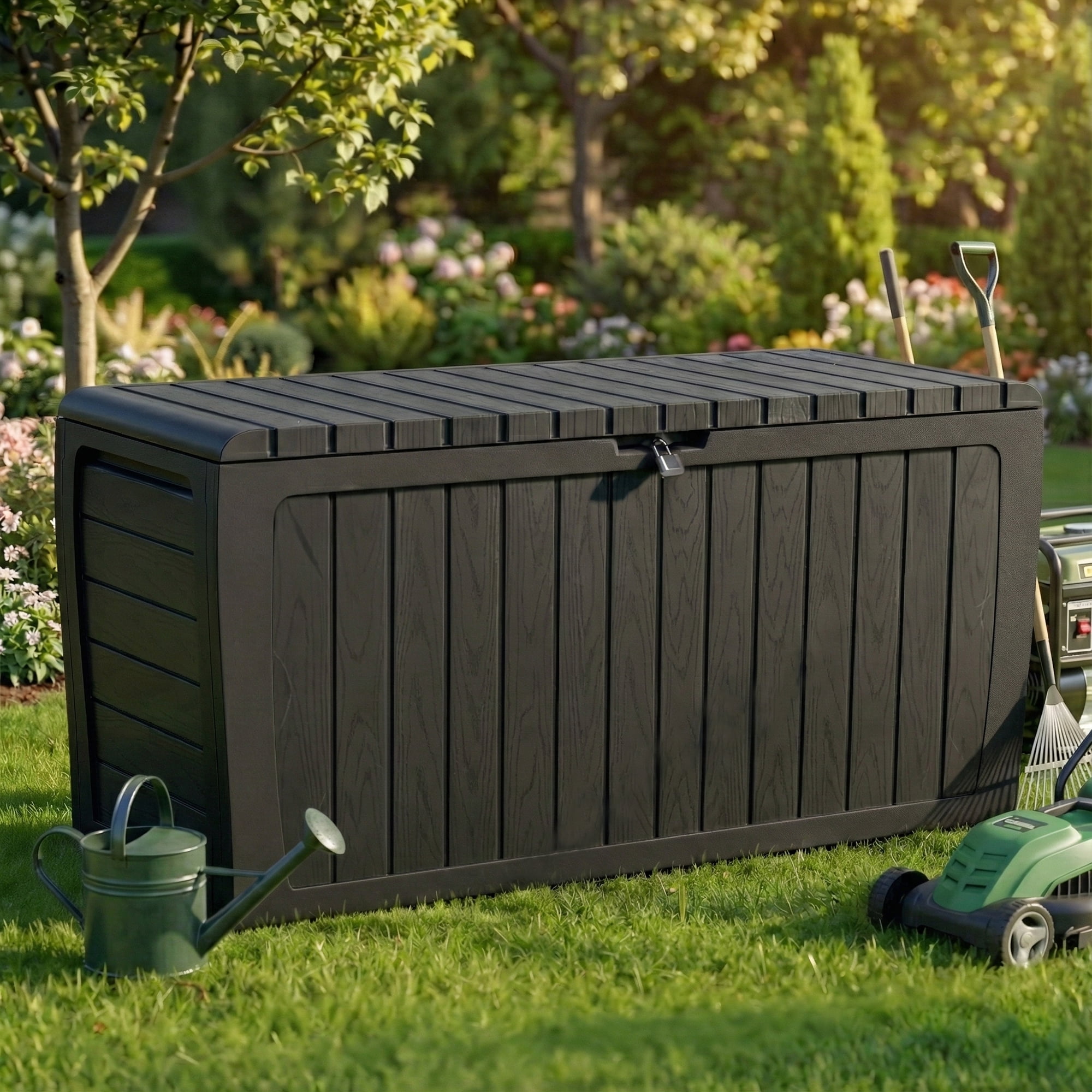 Seizeen Deck Box, 75 Gallon Resin Box on Wheels, Large Outdoor Storage Box, Outdoor Waterproof Storage Chest for Outside Furniture Cushions, Garden Tools, Black, D7226