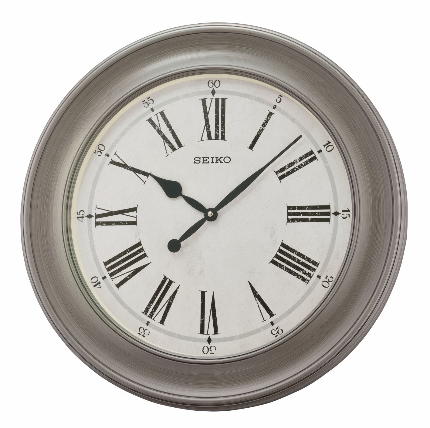 Seiko Noa Wall Clock, 22" Traditional, Round, Quartz, Analog, Gray, Roman numerals, wide frame