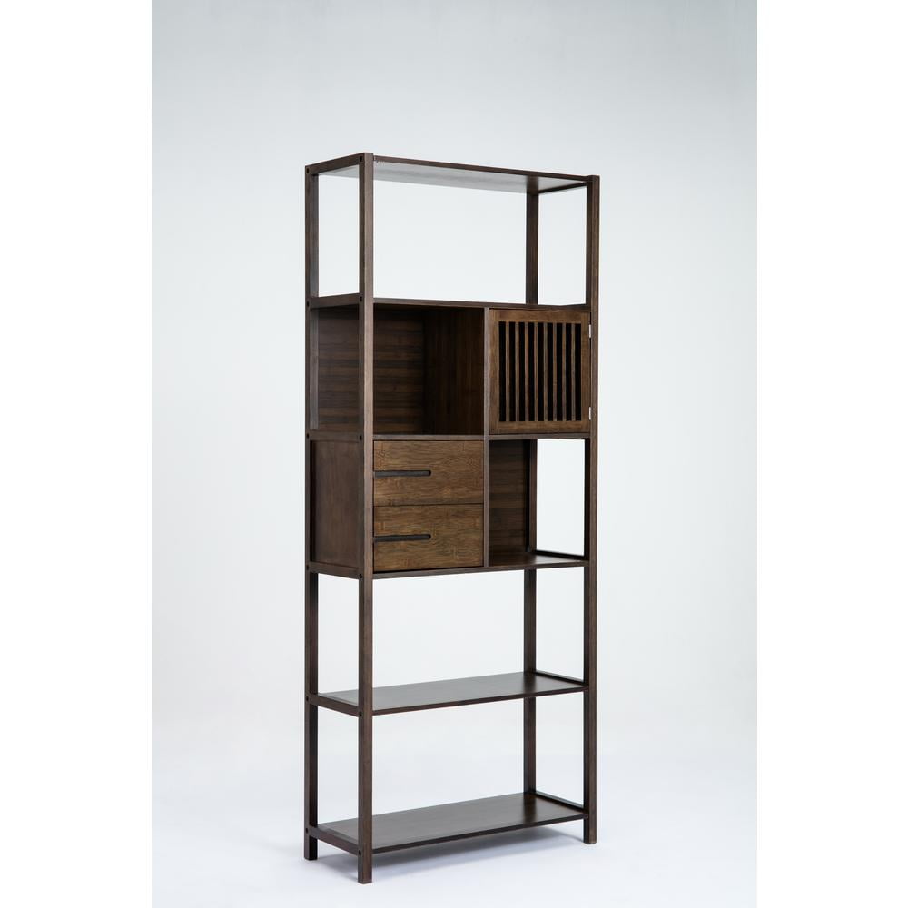 Selma Bamboo Bookcase with Right Facing Spindle Cabinet in Cappuccino Finish