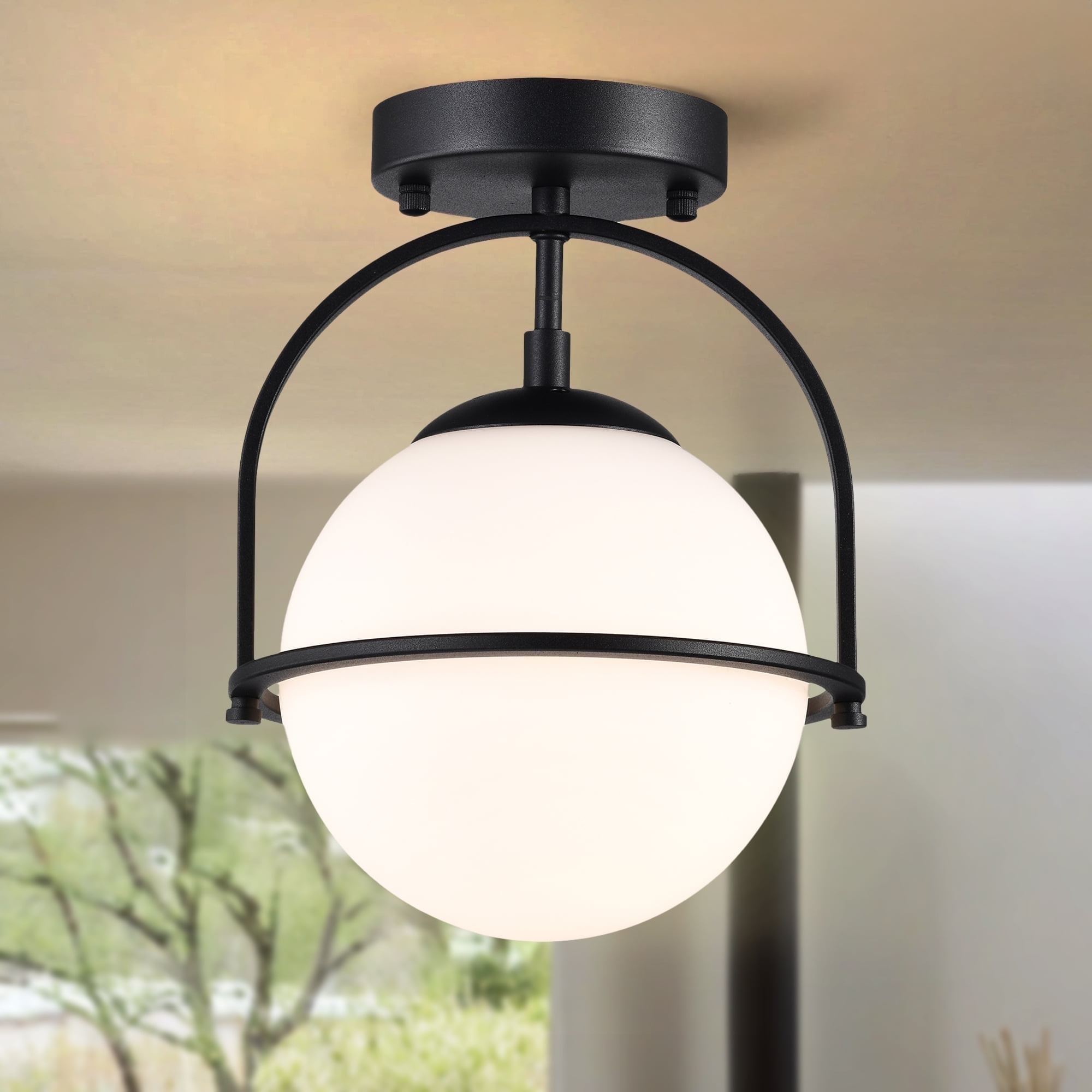 Black Semi Flush Mount Ceiling Fixture, 7.1 Inch Frosted Glass Globe Lamp, Modern Small Fixture for Hallway Bedroom