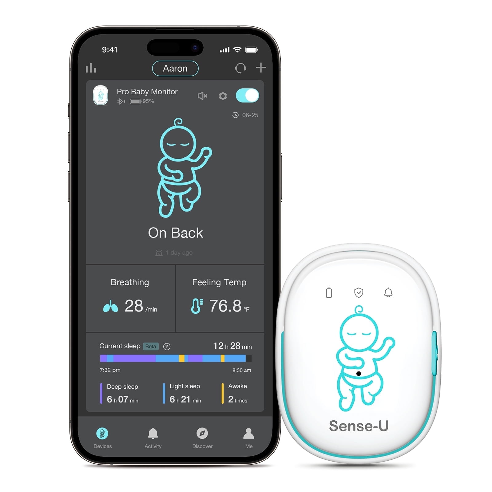 Sense-U Pro Baby Movement Monitor with Arousal Vibration, Movement/Rollover/Overheating Alerts, Audible & App Notifications, Easy Clip-On Design, Smart Sleep Monitor