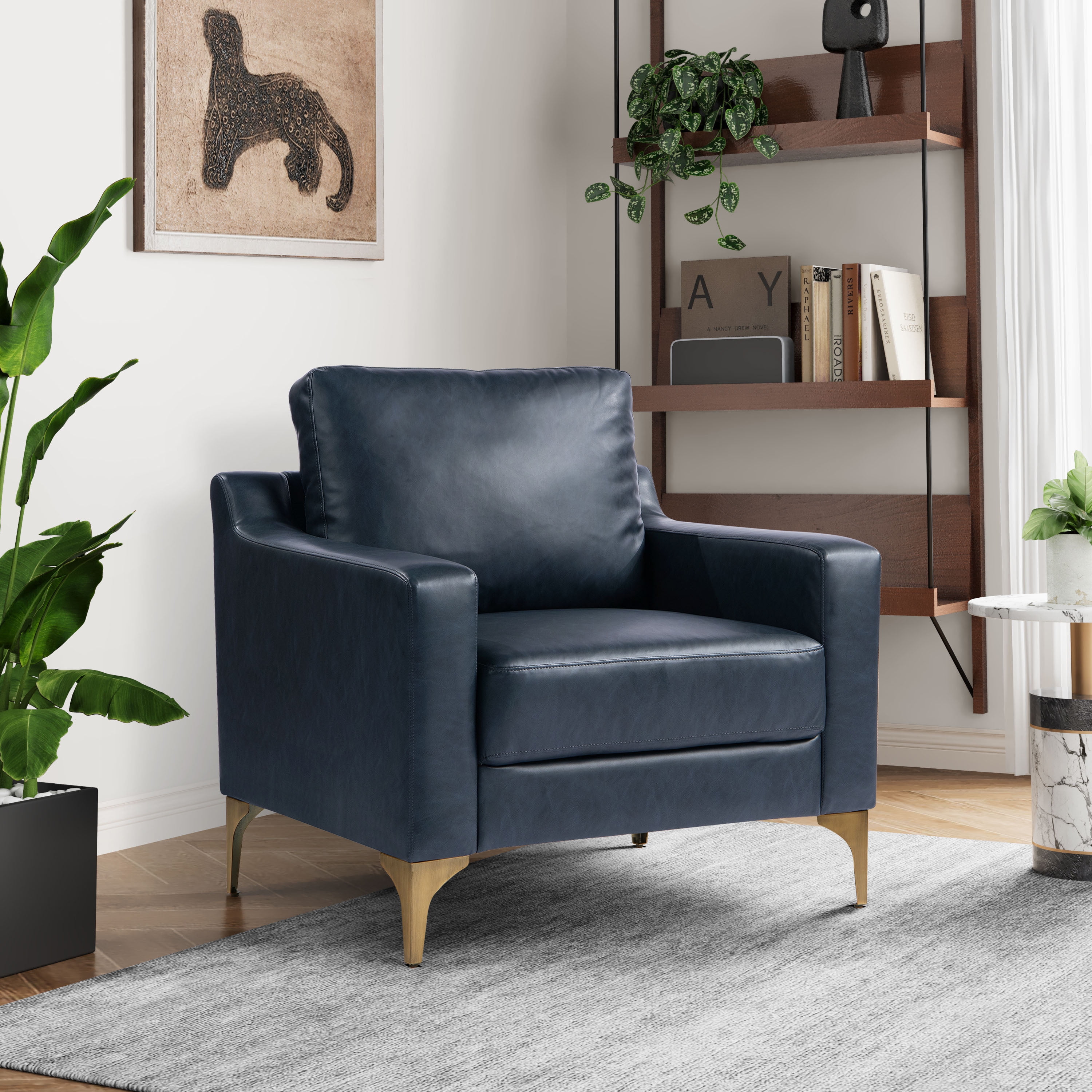 Serta Hemsworth Mid-Century Modern Armchair, Navy Blue Faux Leather