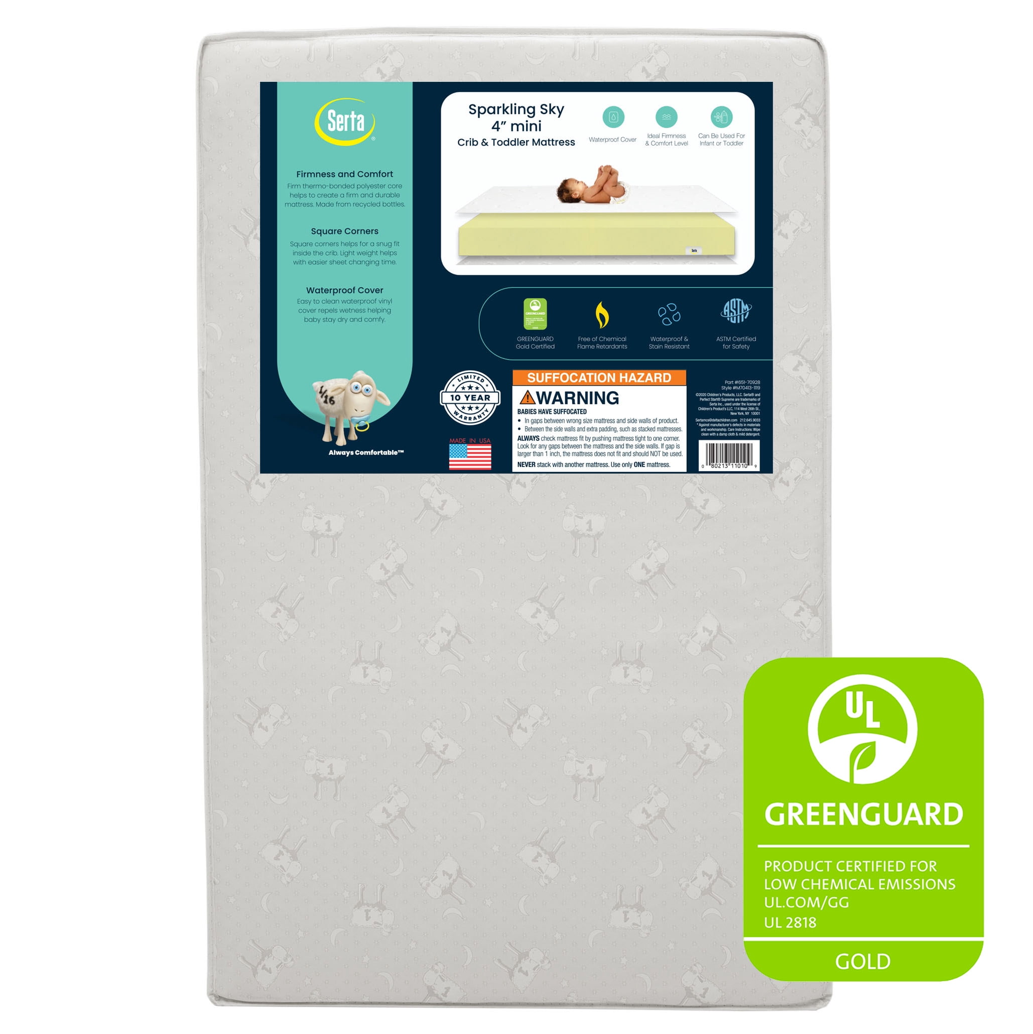 Serta Sparkling Sky 4" Mini/Portable Dual Sided Crib & Toddler Mattress, GREENGUARD Gold Certified