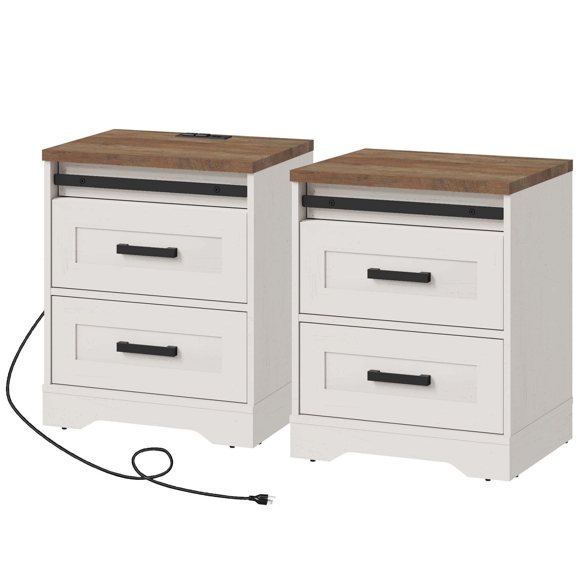 Set of 2 End Table with Charging Station Side Sofa Table with Drawers , Modern Nightstand with Power Outlets & USB Ports for Living Room, Bedroom Antique White