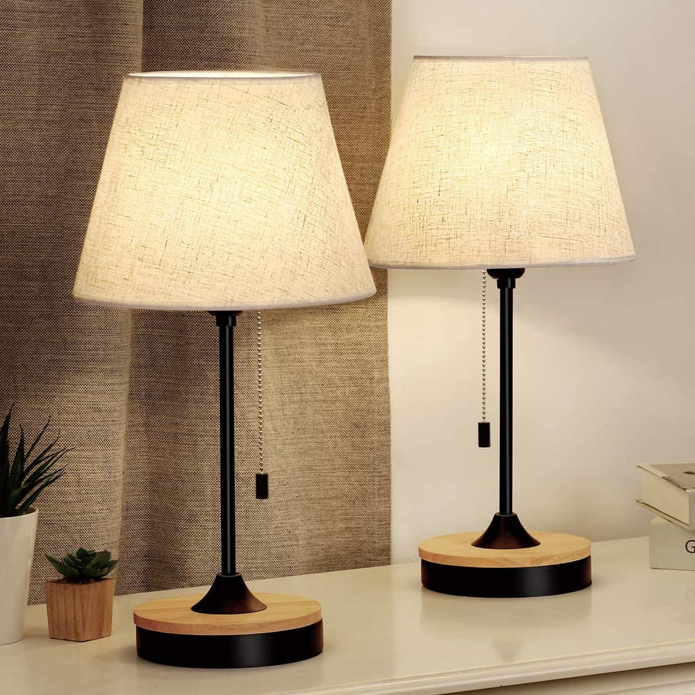 Set of 2, Wood Desk Lamps with Neutral Shade & Soft, Elegant Black Bedside Lamps, Ambient Lamp