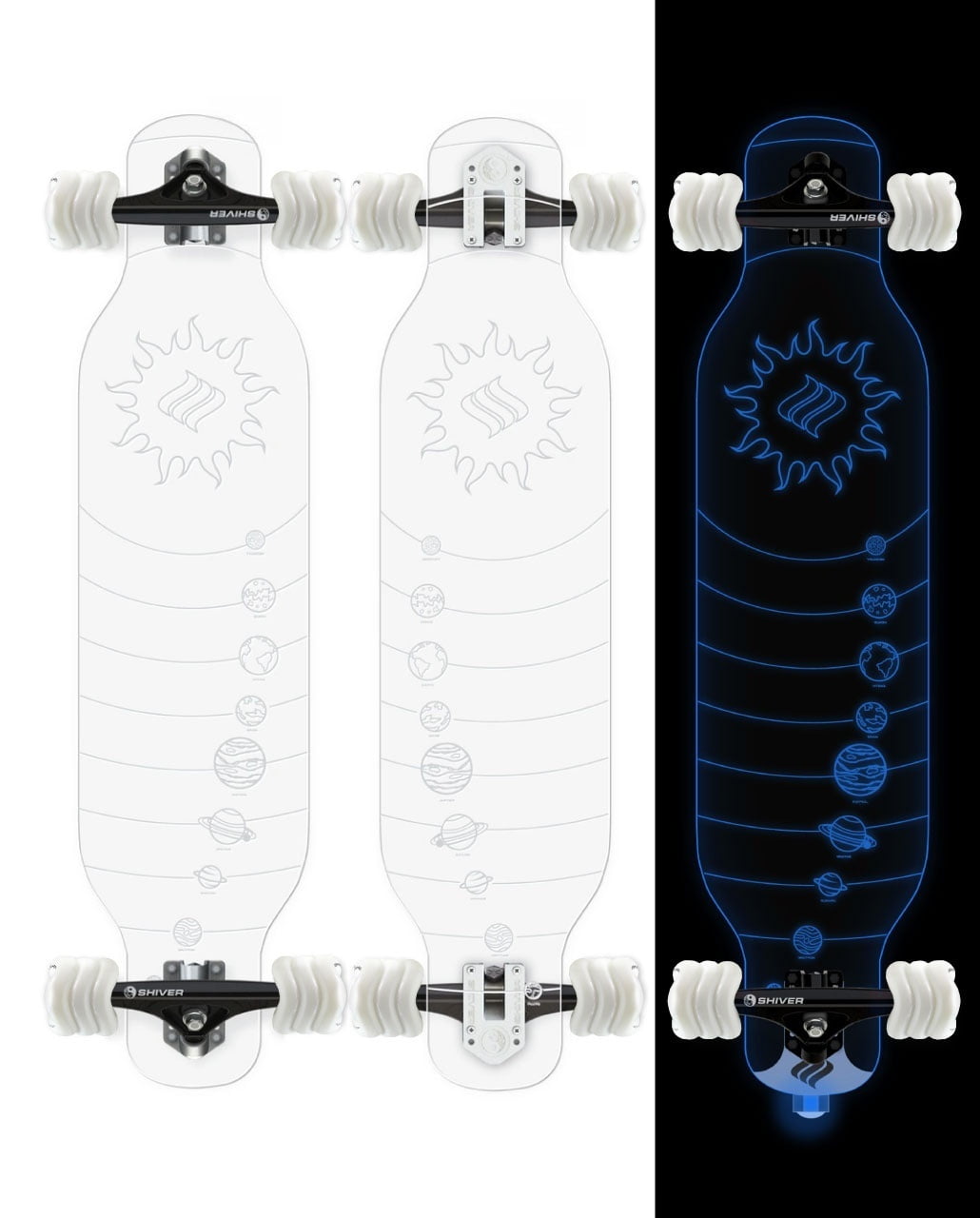 Shark Wheel Galaxy Clear Acrylic Longboard with Deck Lights and 72 mm