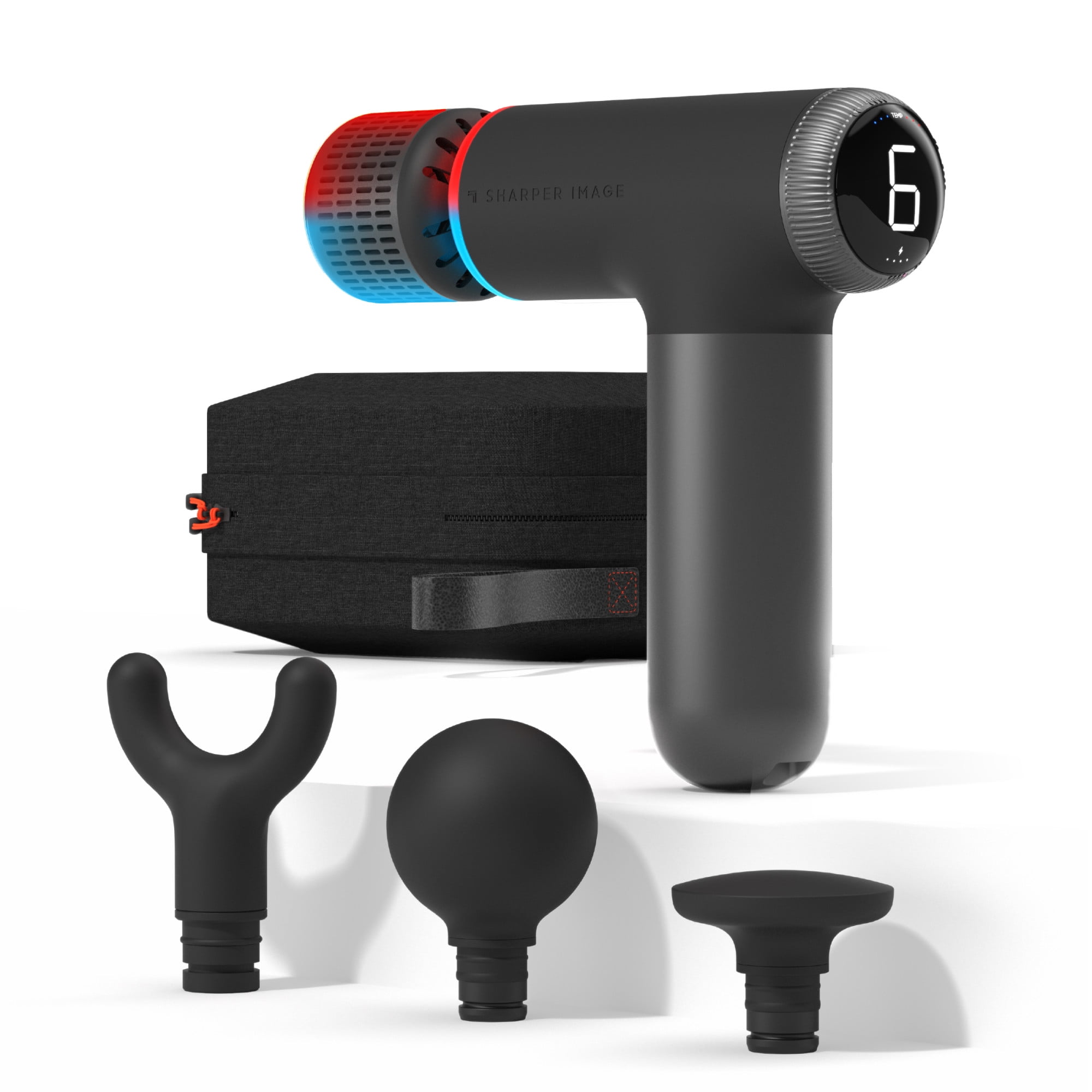 Sharper Image® Powerboost® Pro+ Compact Hot & Cold Percussion Massager with Dual-Temperature Hot + Cold Massage Node, 6 Speed Settings, 4 Unique Attachments, Portable Design with Carrying Case