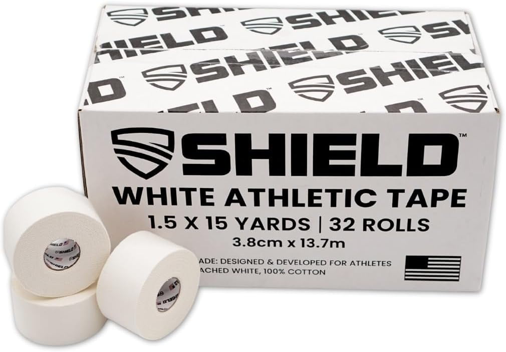 Shield Fitness Athletic Tape Case - 1.5"x 45', Made in USA | 32 Roll White Bulk Pack