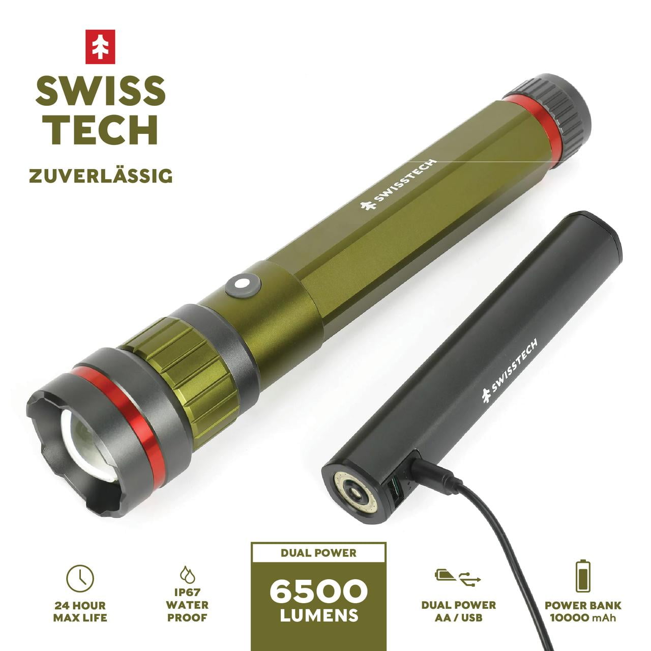 Swiss Tech LED Flashlight, 6500 Lumen, Rechargeable, Dual Power AA USB, Charging Bank, IP67 Waterproof
