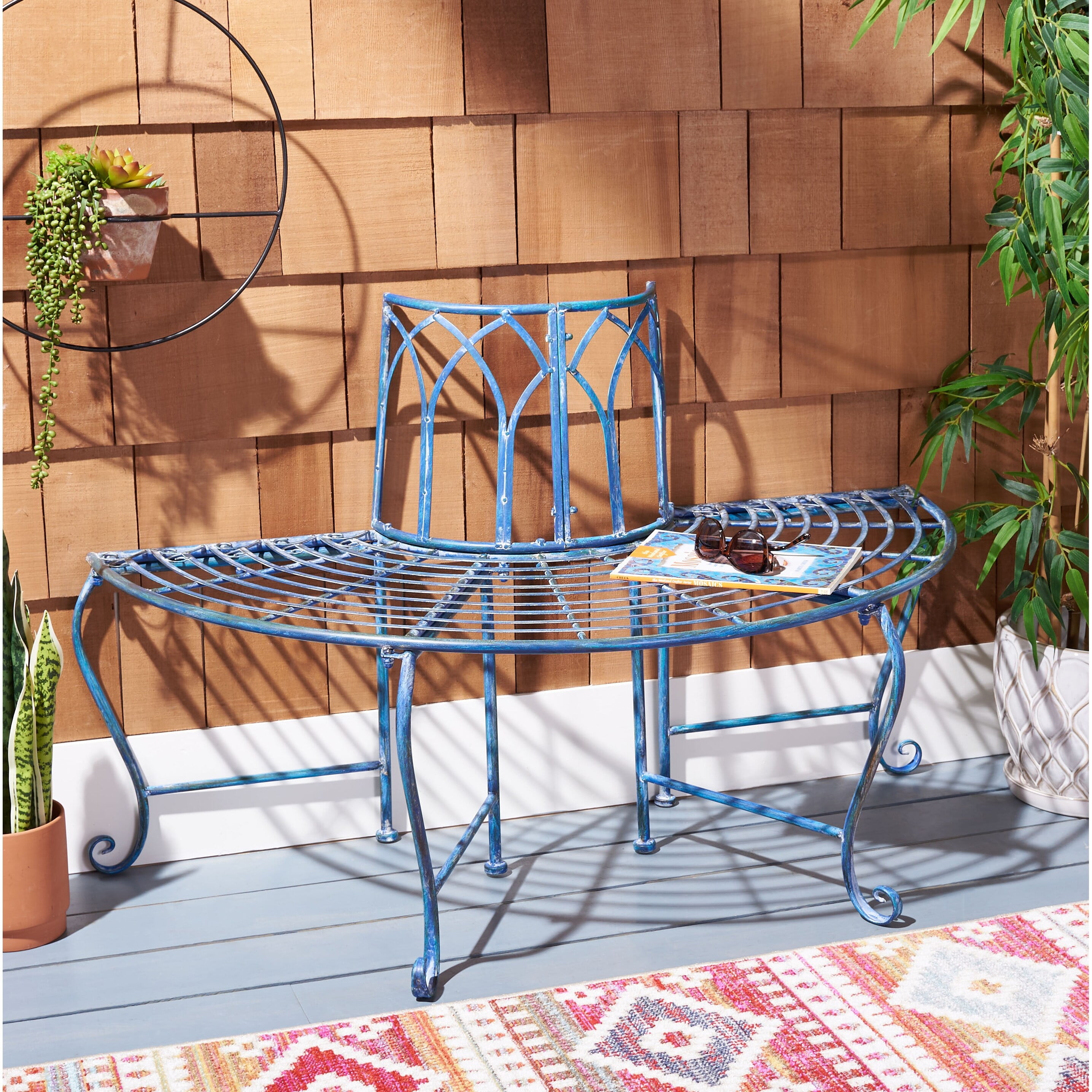 SAFAVIEH Abia Outdoor Patio Wrought Iron Semi Tree Bench, Antique Blue
