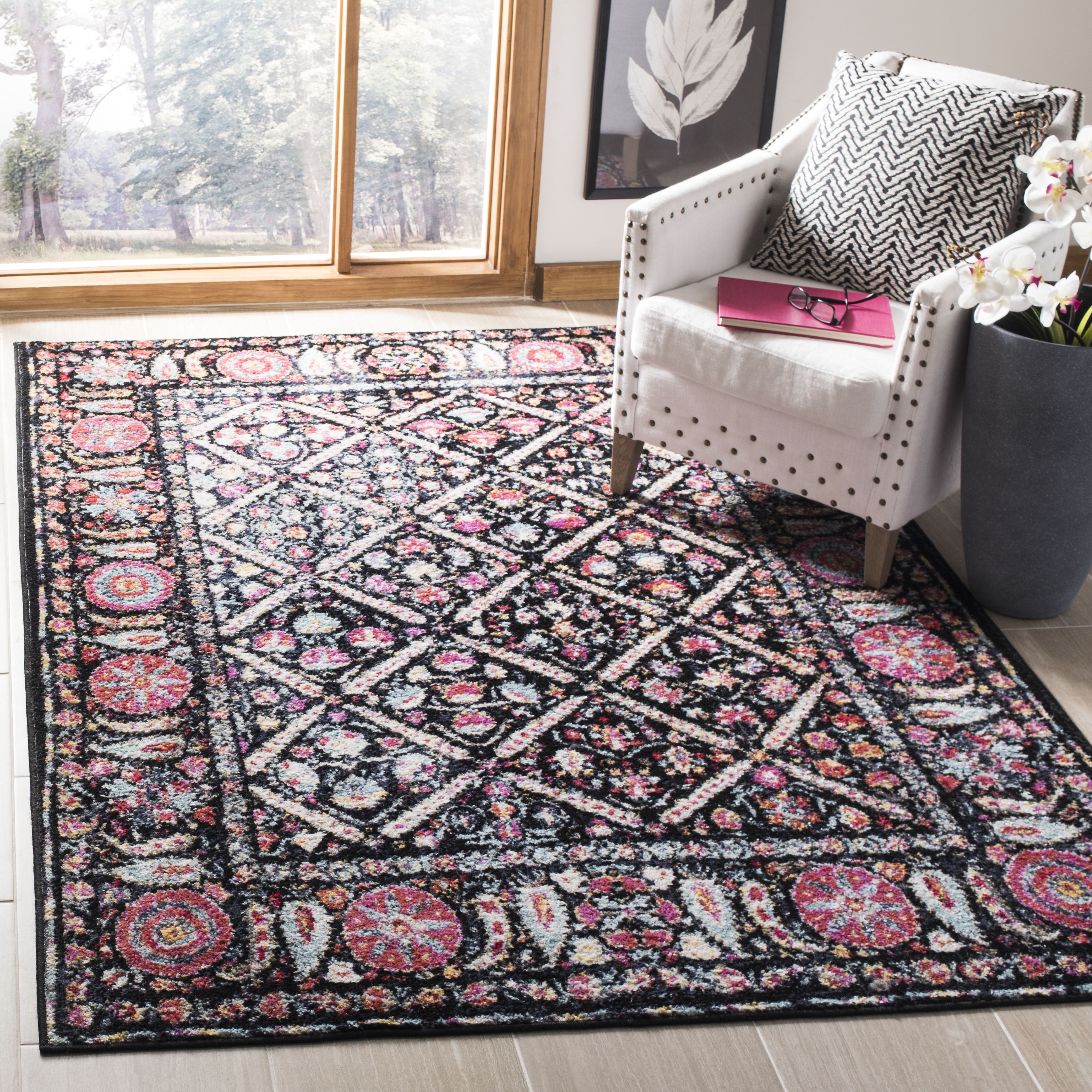 SAFAVIEH Adirondack Carthach Geometric Area Rug, Black/Fuchsia, 6' x 6' Square