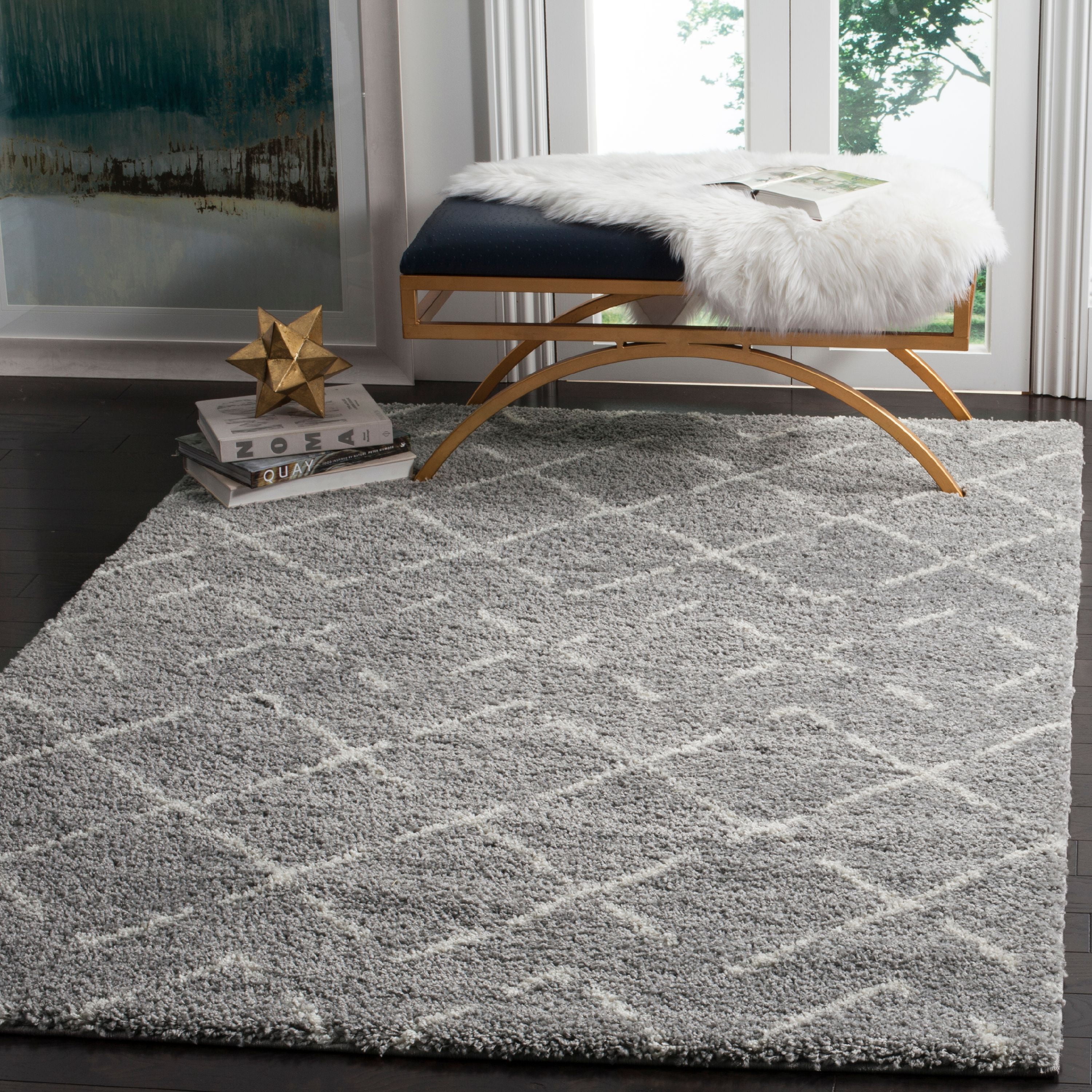 SAFAVIEH Arizona Zarif Geometric Shag Area Rug, Grey/Ivory, 9' x 12'