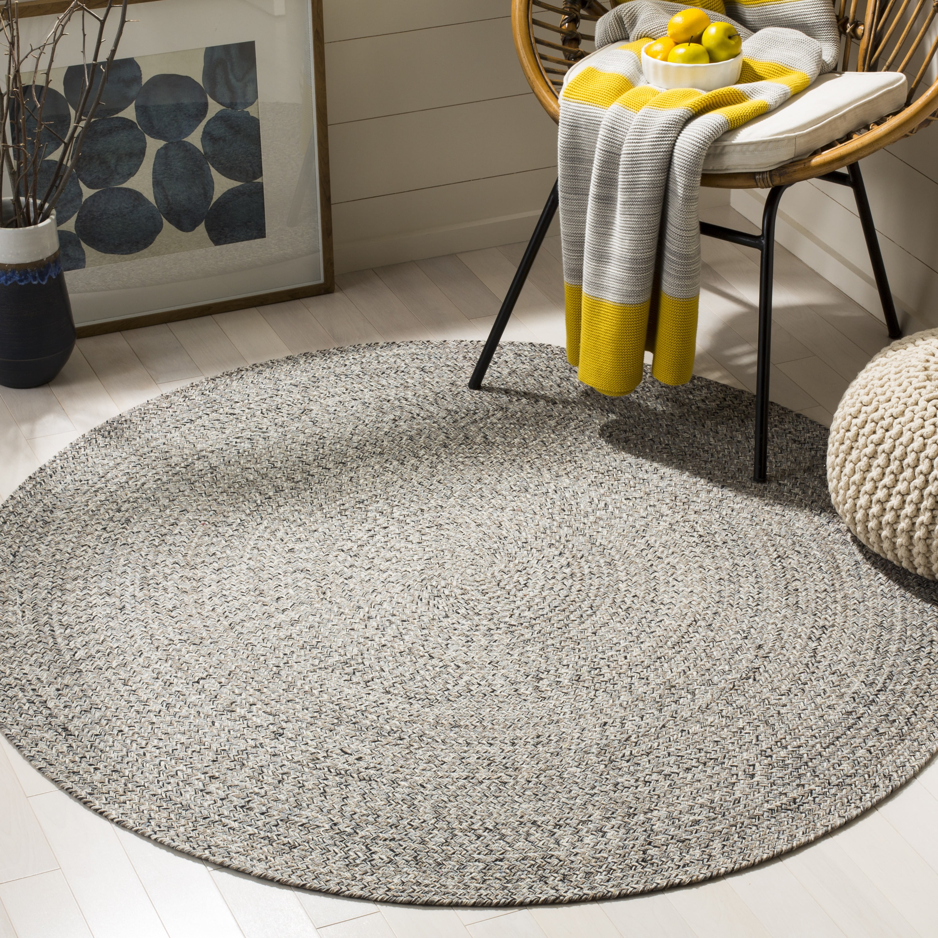 SAFAVIEH Braided Harmon Geometric Cotton Reversible Area Rug, Ivory/Steel Gray, 6' x 6' Round
