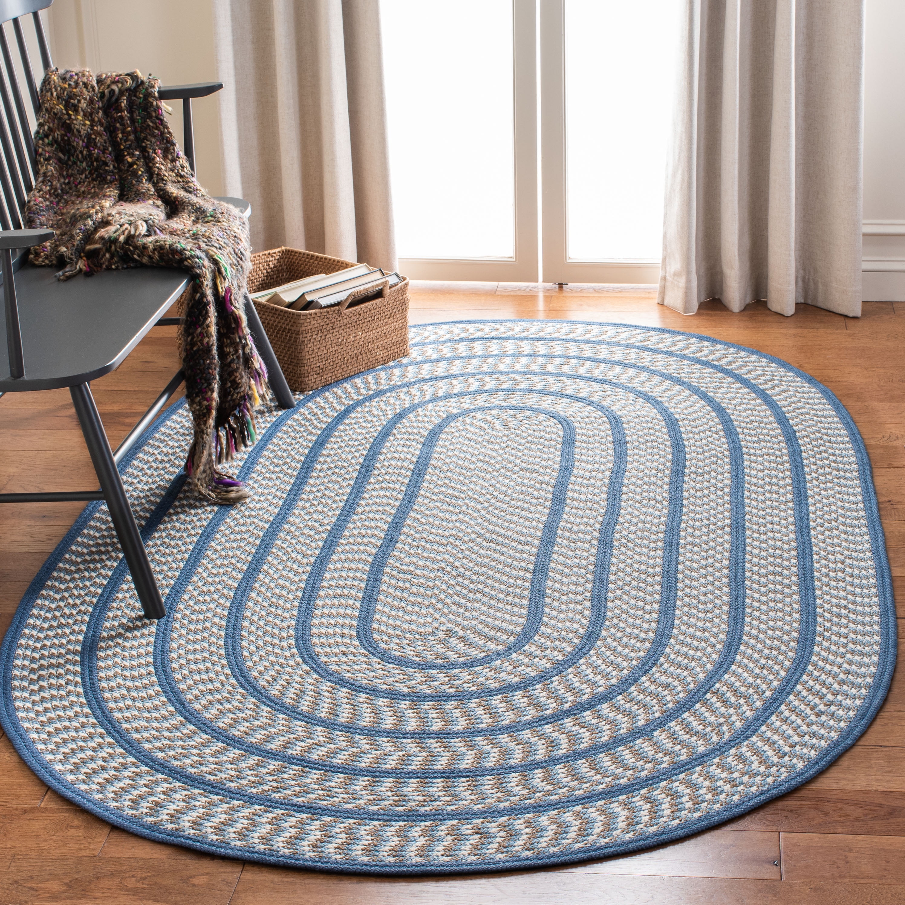 SAFAVIEH Braided Tanisha Bordered Reversible Area Rug, Ivory/Blue, 5' x 8' Oval