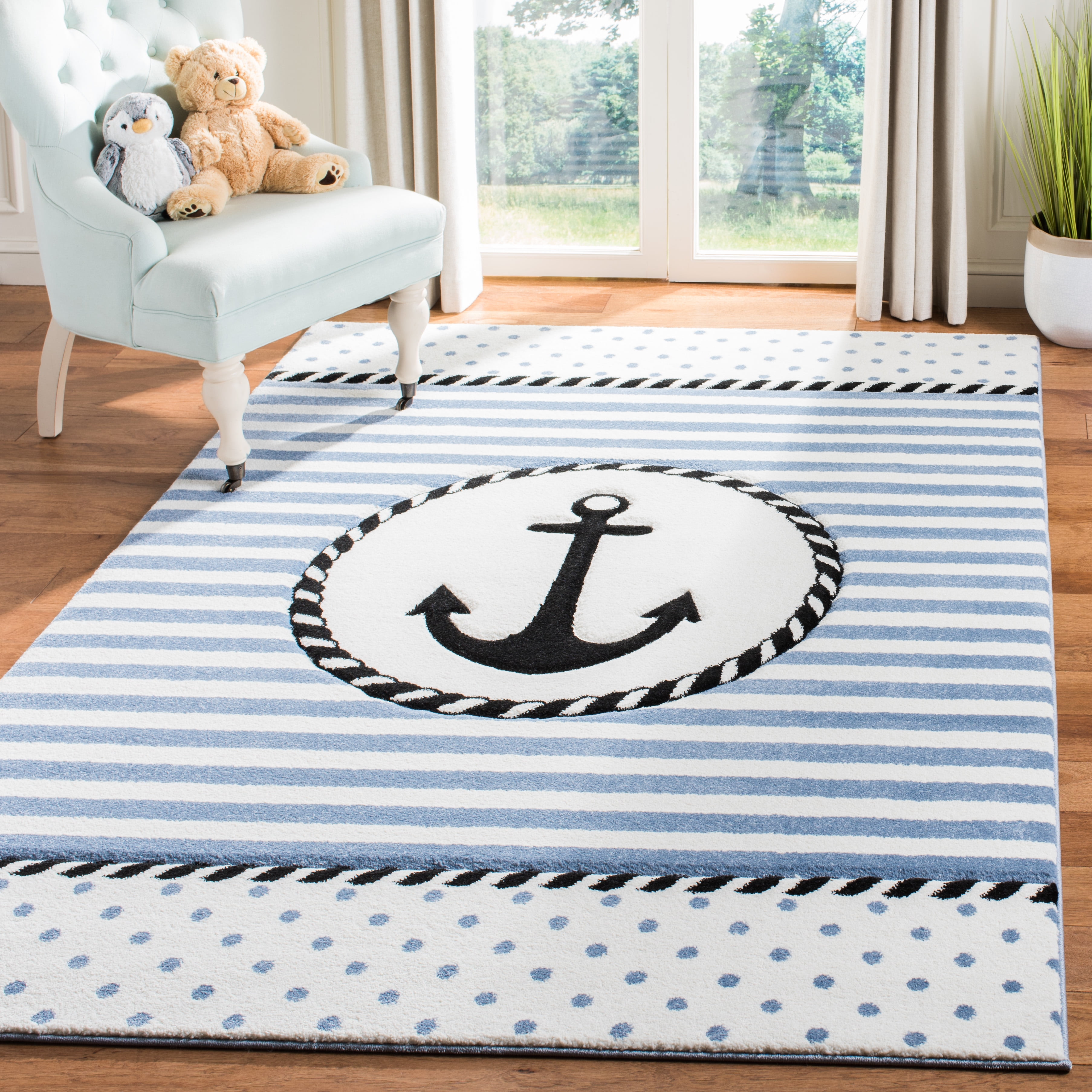 SAFAVIEH Carousel Kids Kennet Anchor Area Rug, Ivory/Navy, 5'3" x 5'3" Square