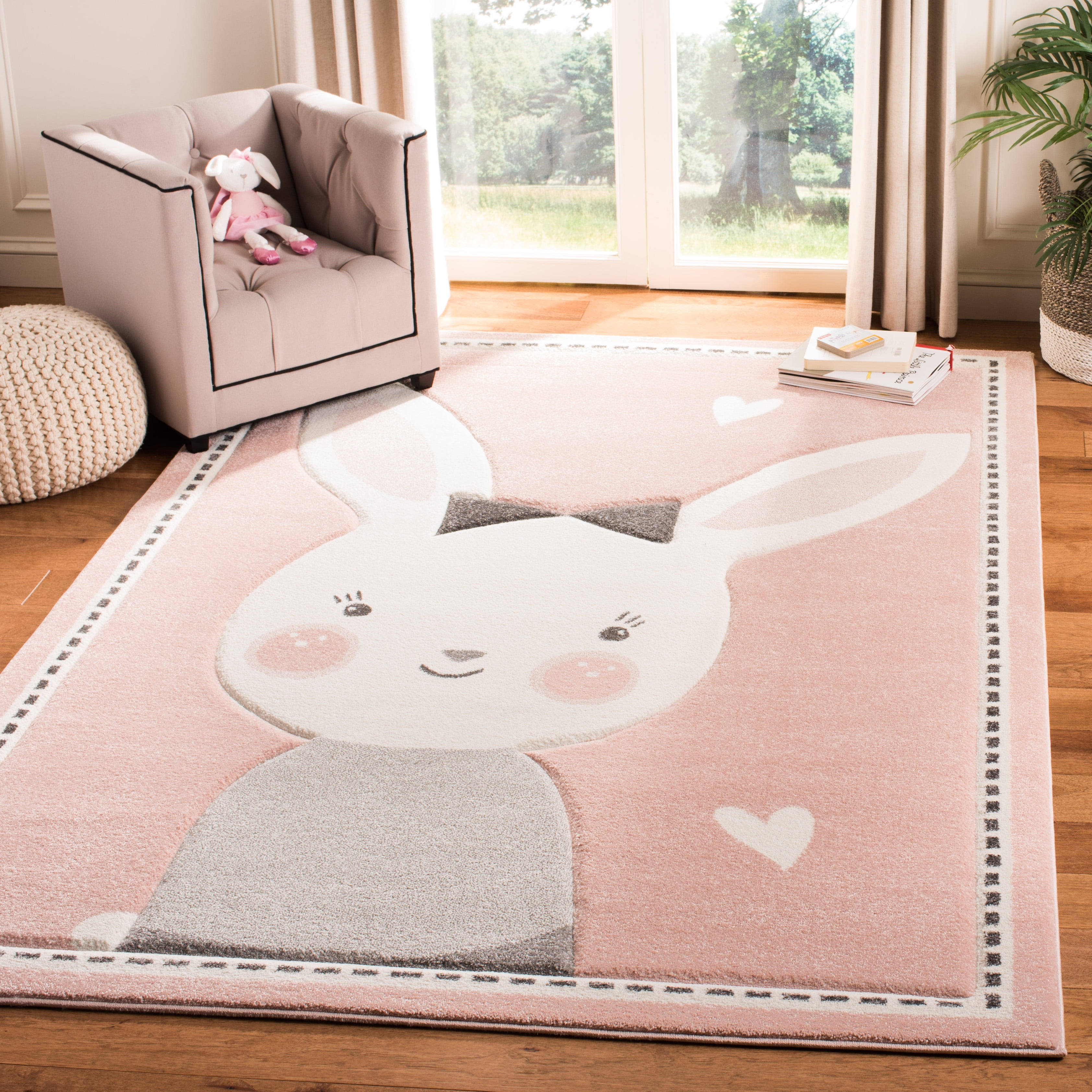 SAFAVIEH Carousel Kids Clark Shy Bunny Area Rug, Pink/Ivory, 5'3" x 5'3" Square