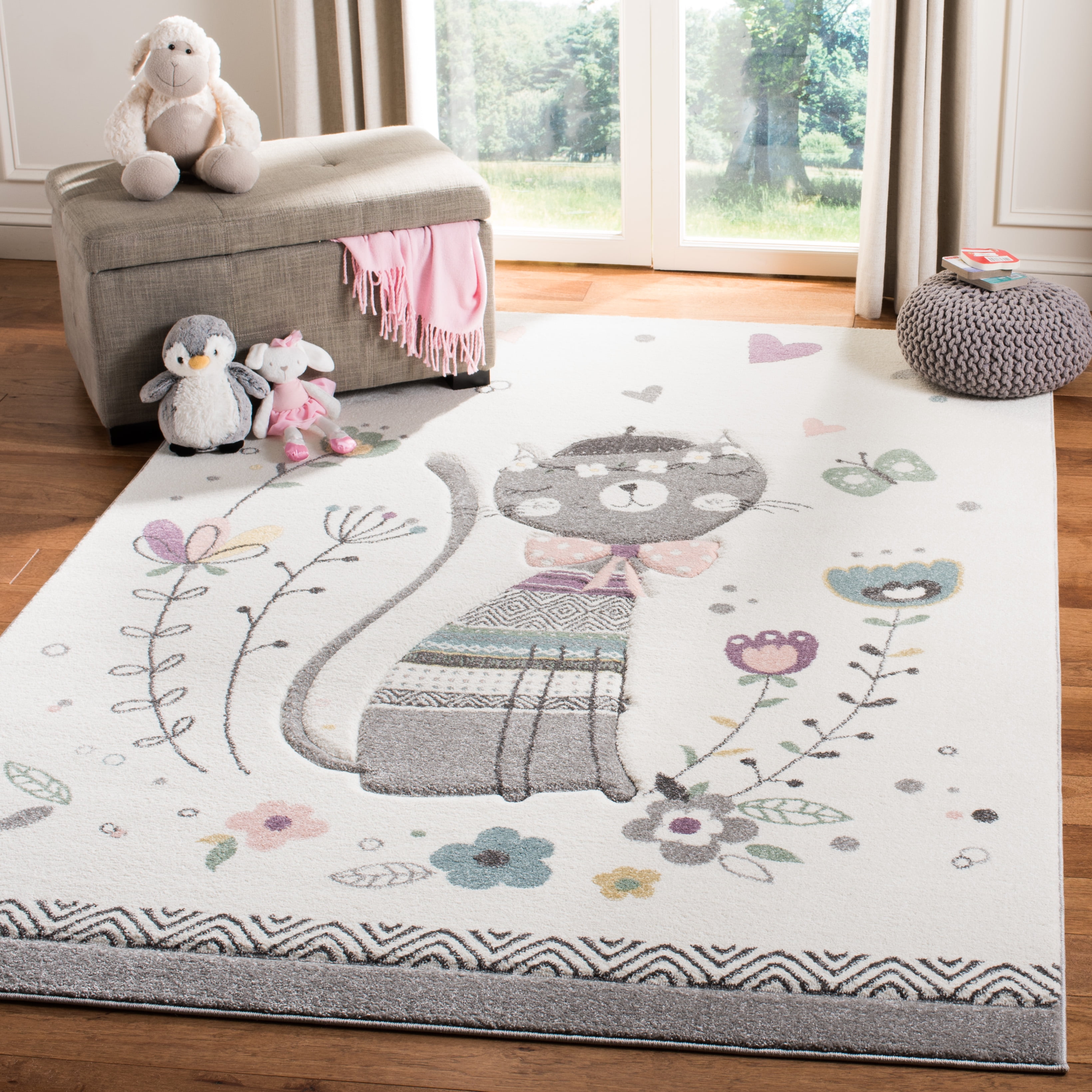 SAFAVIEH Carousel Kids Eugene Sleeping Kitten Area Rug, Ivory/Pink, 5'3" x 5'3" Square