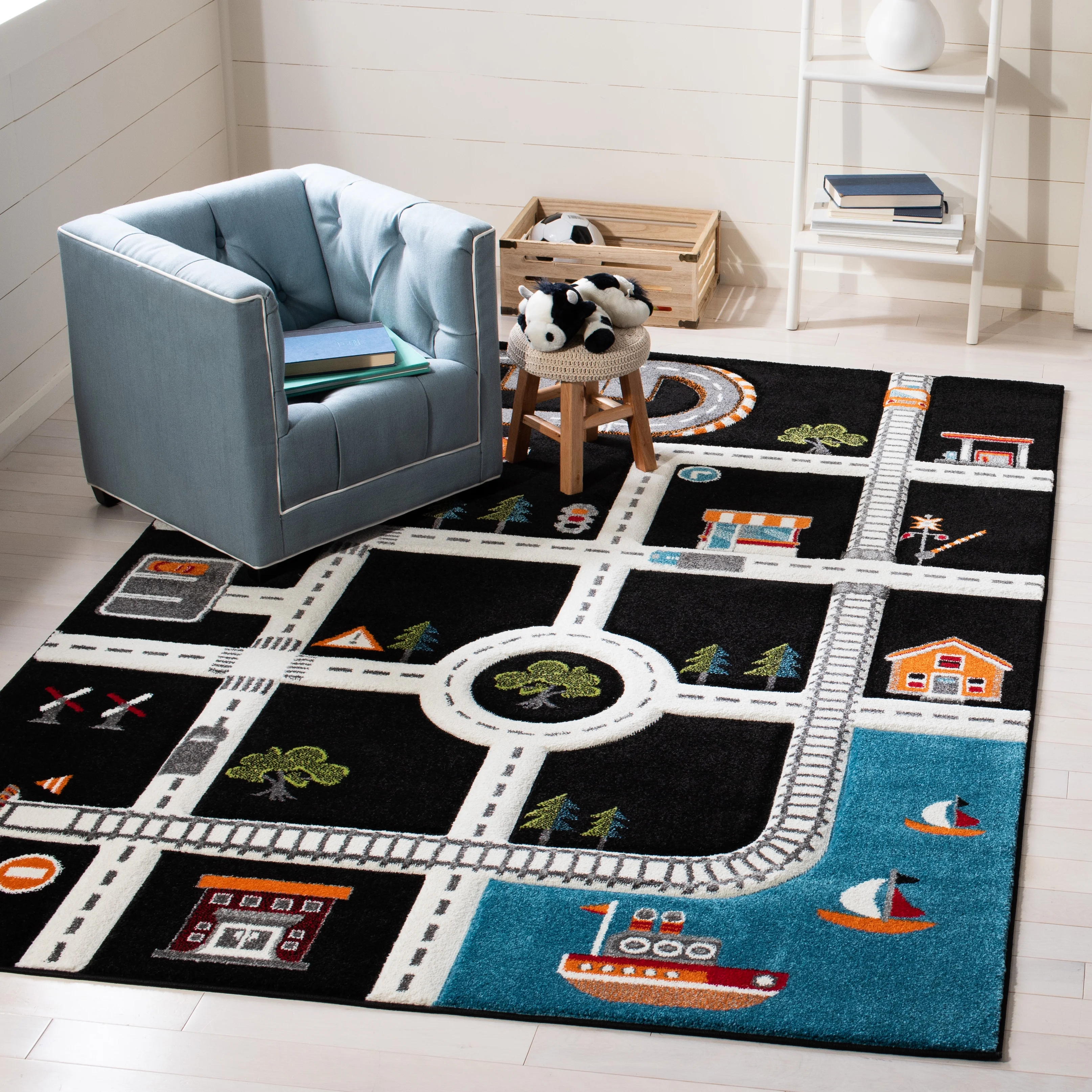SAFAVIEH Carousel Kids Devan Train Track Area Rug, Black/Ivory, 5'3" x 7'6"