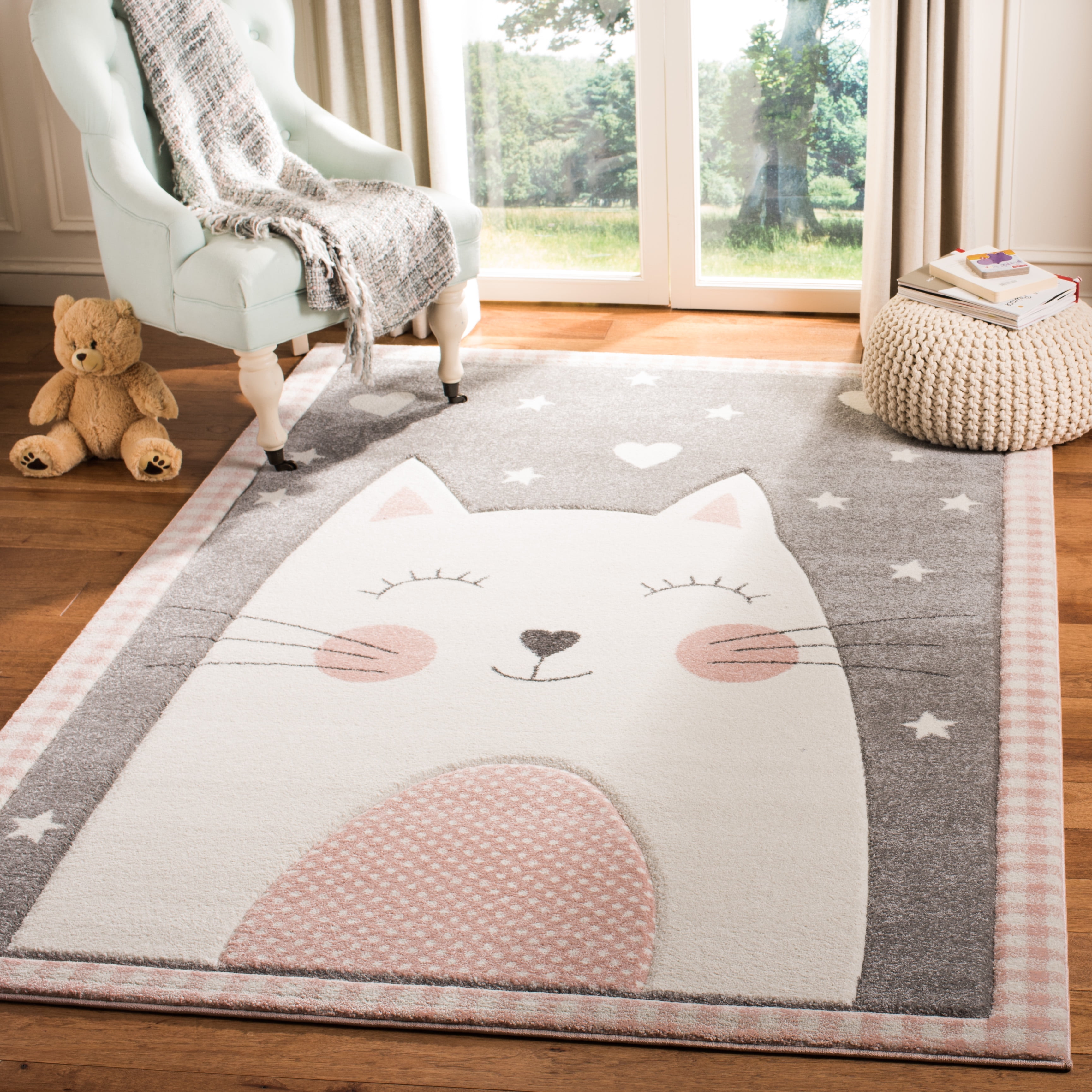 SAFAVIEH Carousel Kids Emelly Happy Cat Area Rug, Pink/Gray, 4' x 6'