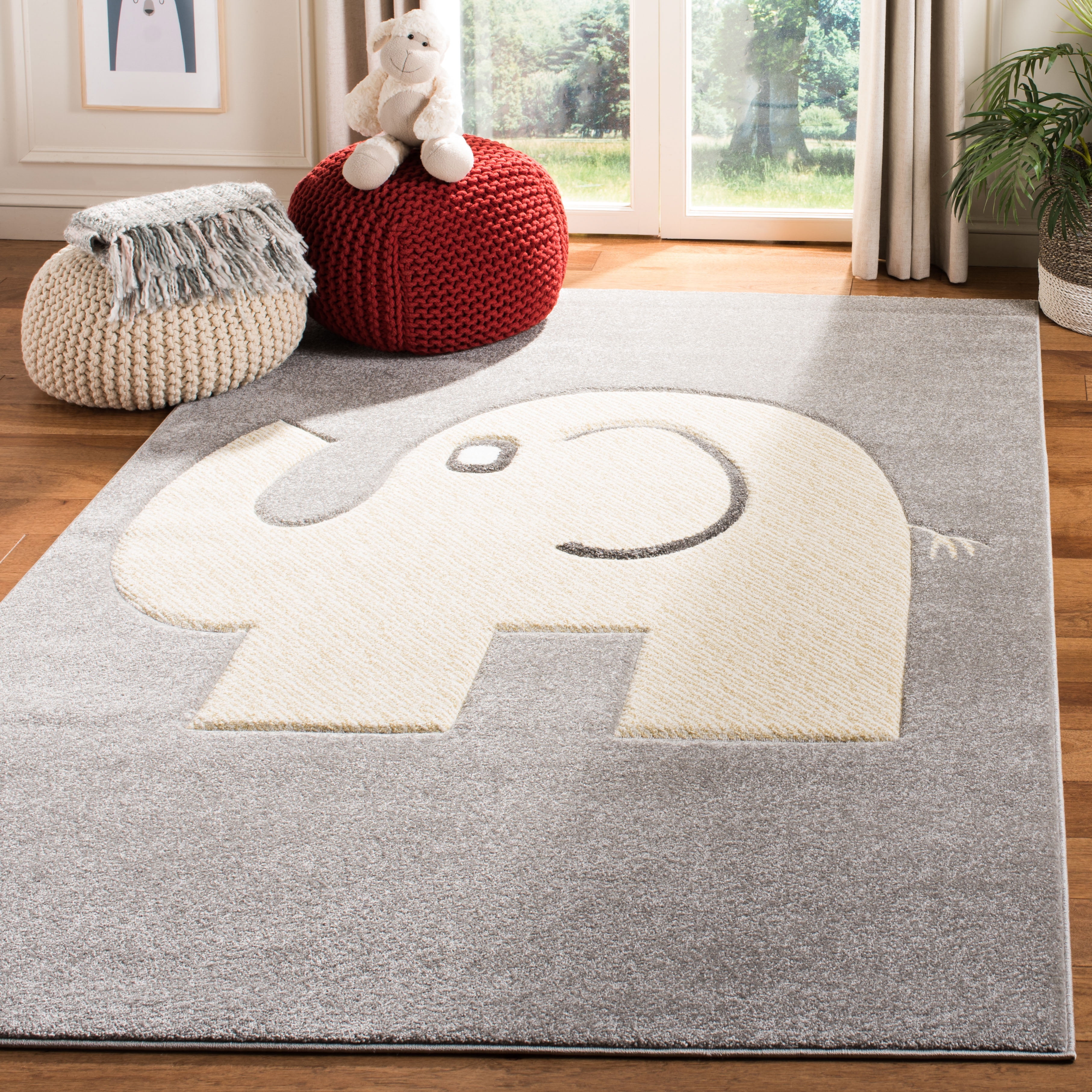 SAFAVIEH Carousel Kids Fallon Elephant Area Rug, Gray/Ivory, 5'3" x 5'3" Square