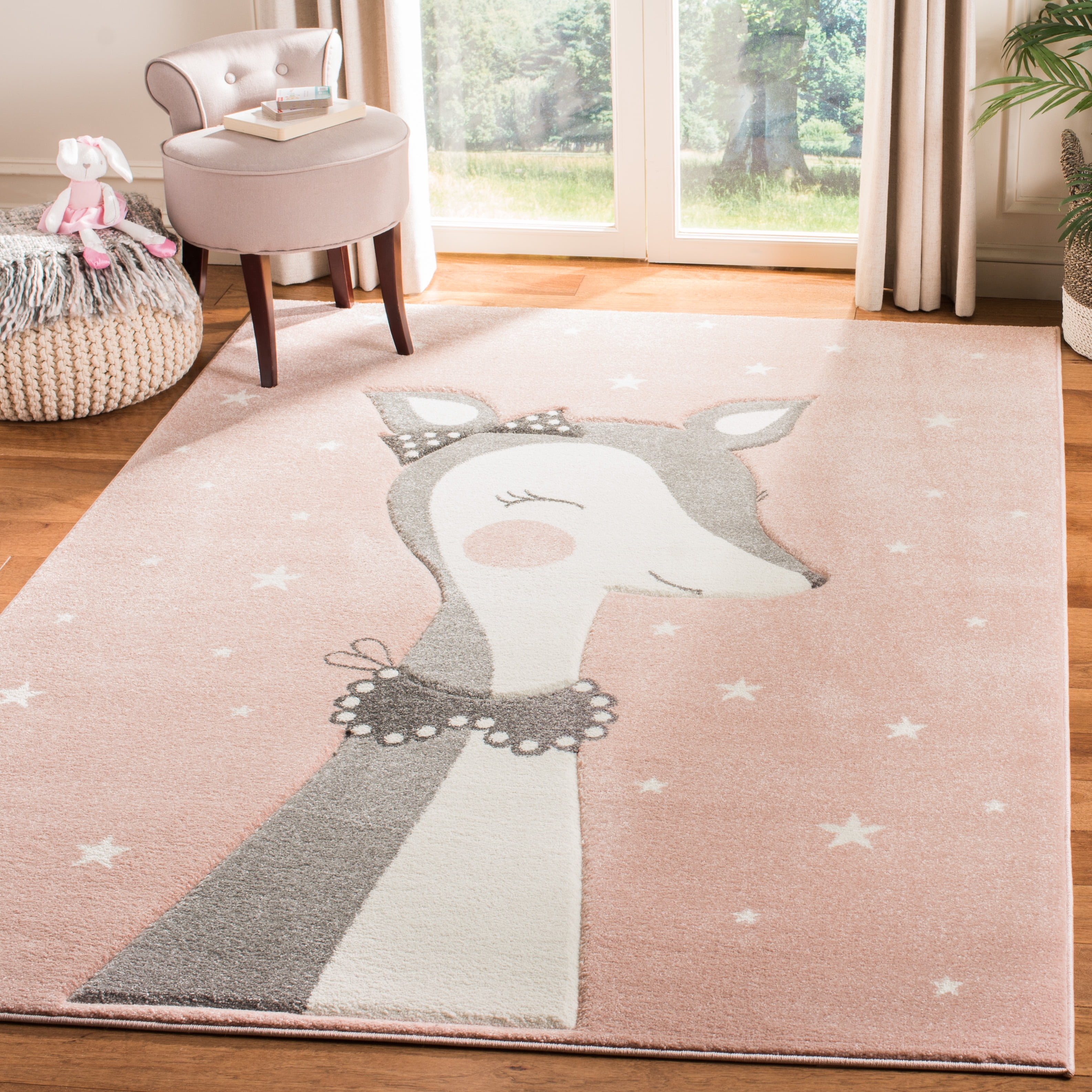 SAFAVIEH Carousel Kids Mariam Happy Deer Area Rug, Pink/Ivory, 5'3" x 5'3" Square