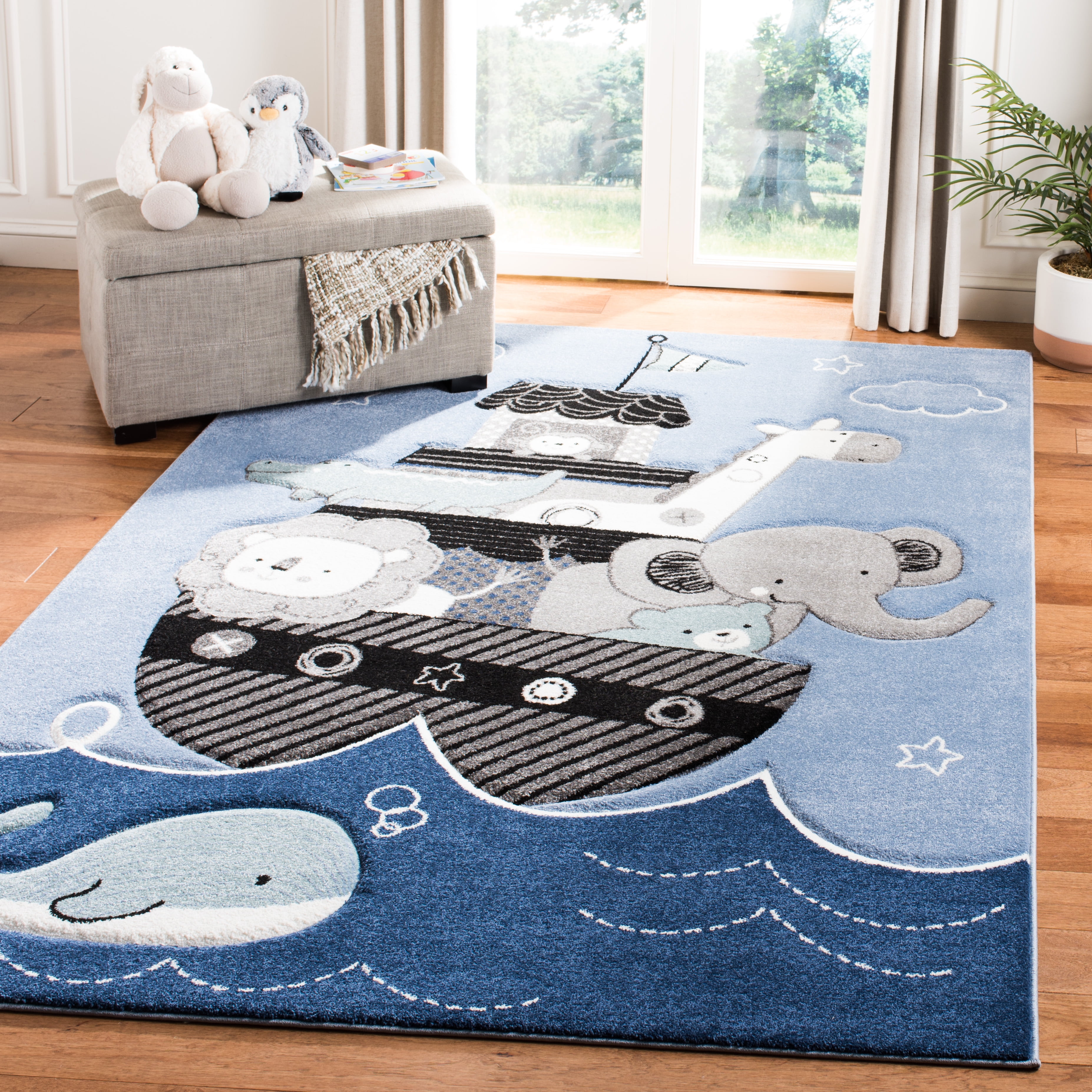 SAFAVIEH Carousel Kids Patton Animals on Board Area Rug, Blue/Gray, 5'3" x 5'3" Square