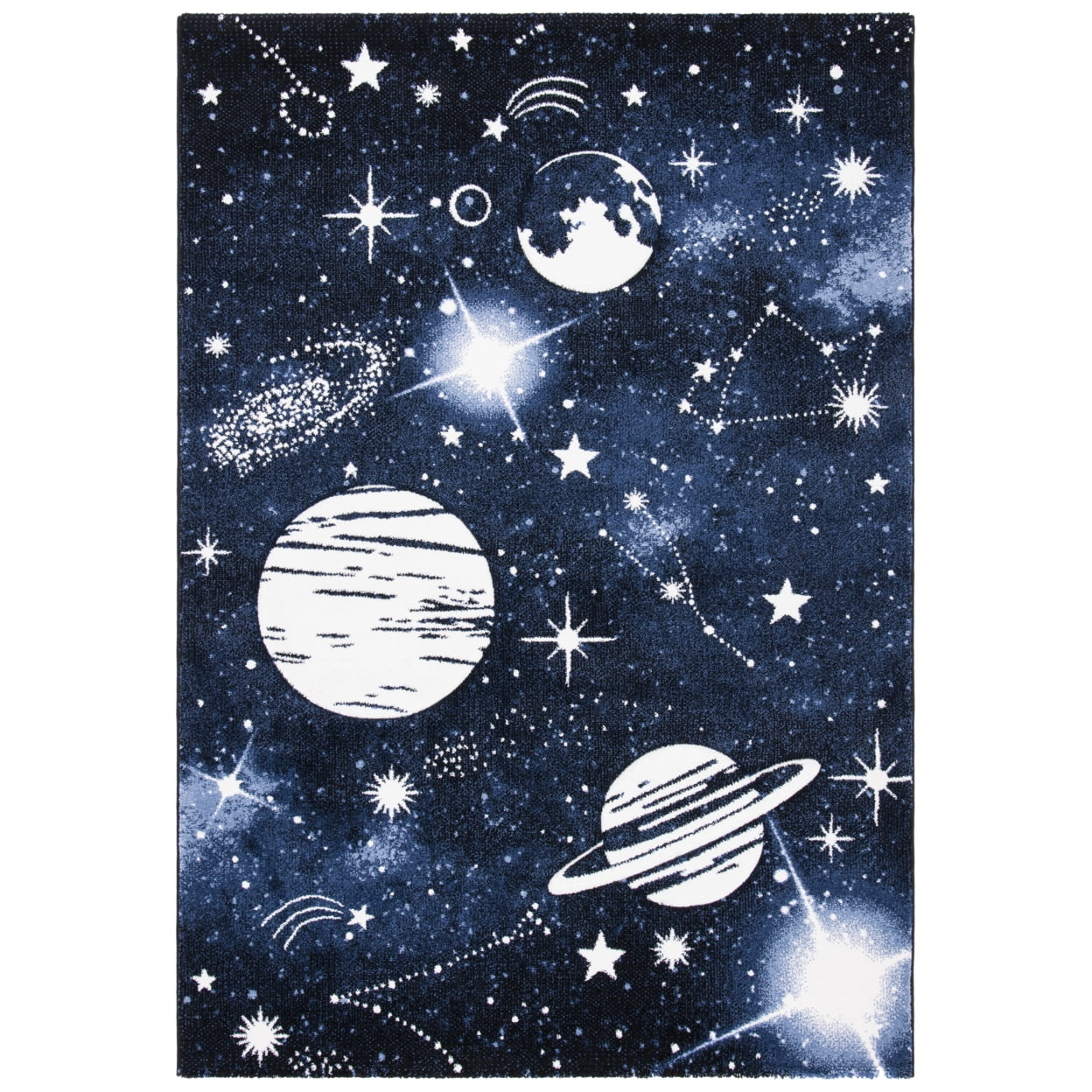 SAFAVIEH Carousel Kids Planets and Stars Area Rug, Dark Blue/Light Blue, 5'3" x 7'6"