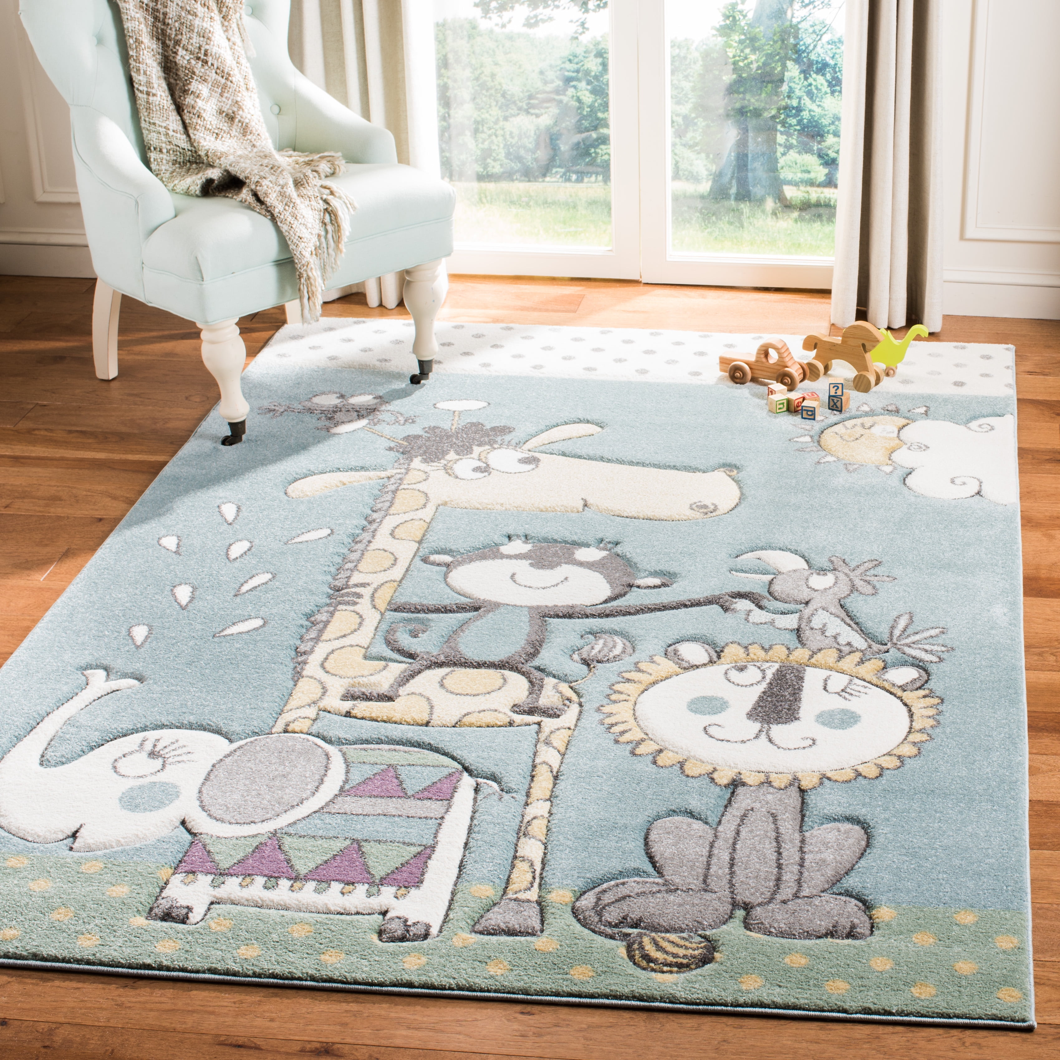 SAFAVIEH Carousel Kids Talisha Sunshine Animals Area Rug, Ivory/Blue, 5'3" x 5'3" Square