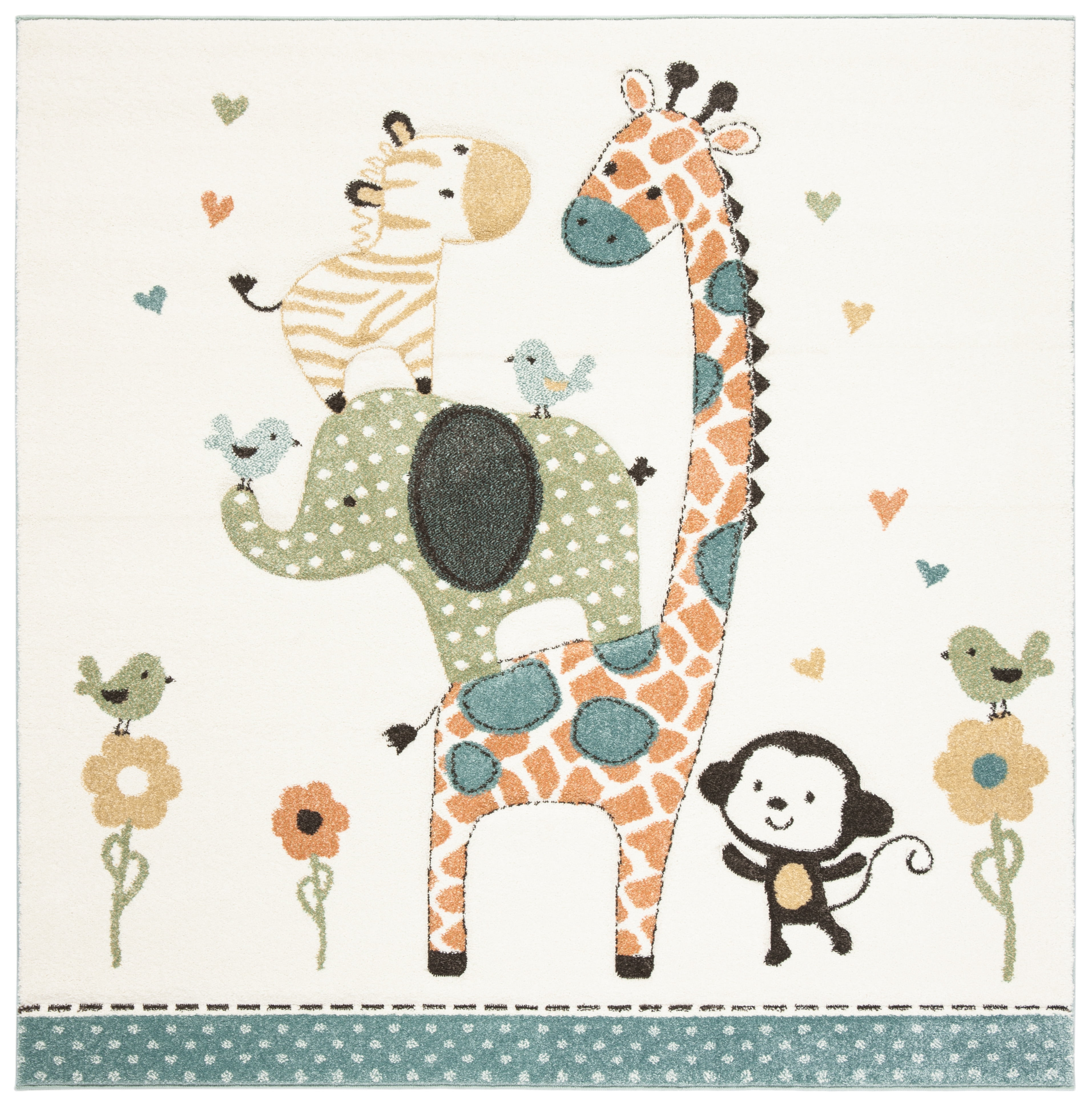 SAFAVIEH Carousel Kids Taneka Animals at Play Area Rug, Ivory, 5'3" x 5'3" Square