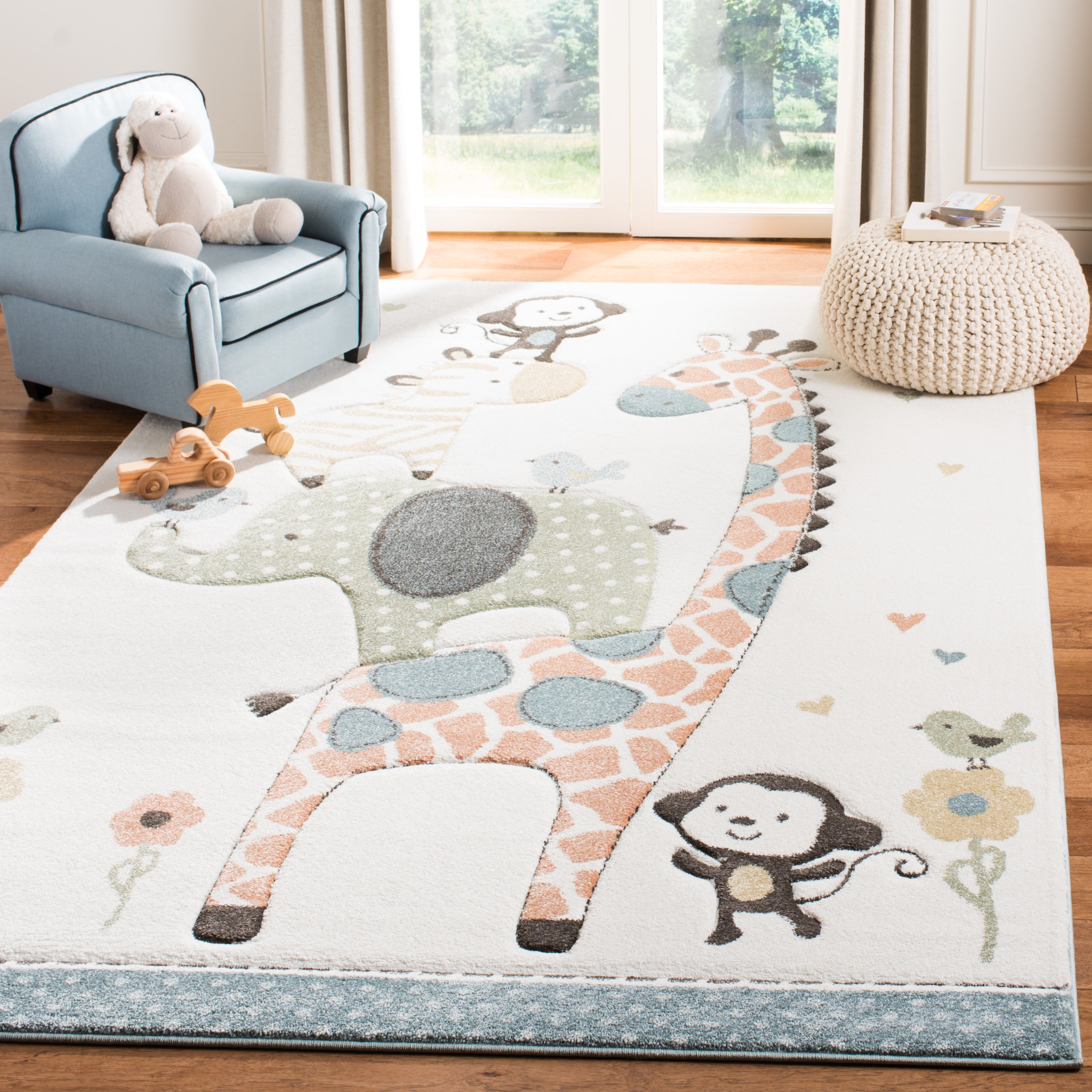 SAFAVIEH Carousel Kids Taneka Animals at Play Area Rug, Ivory, 5'3" x 5'3" Square