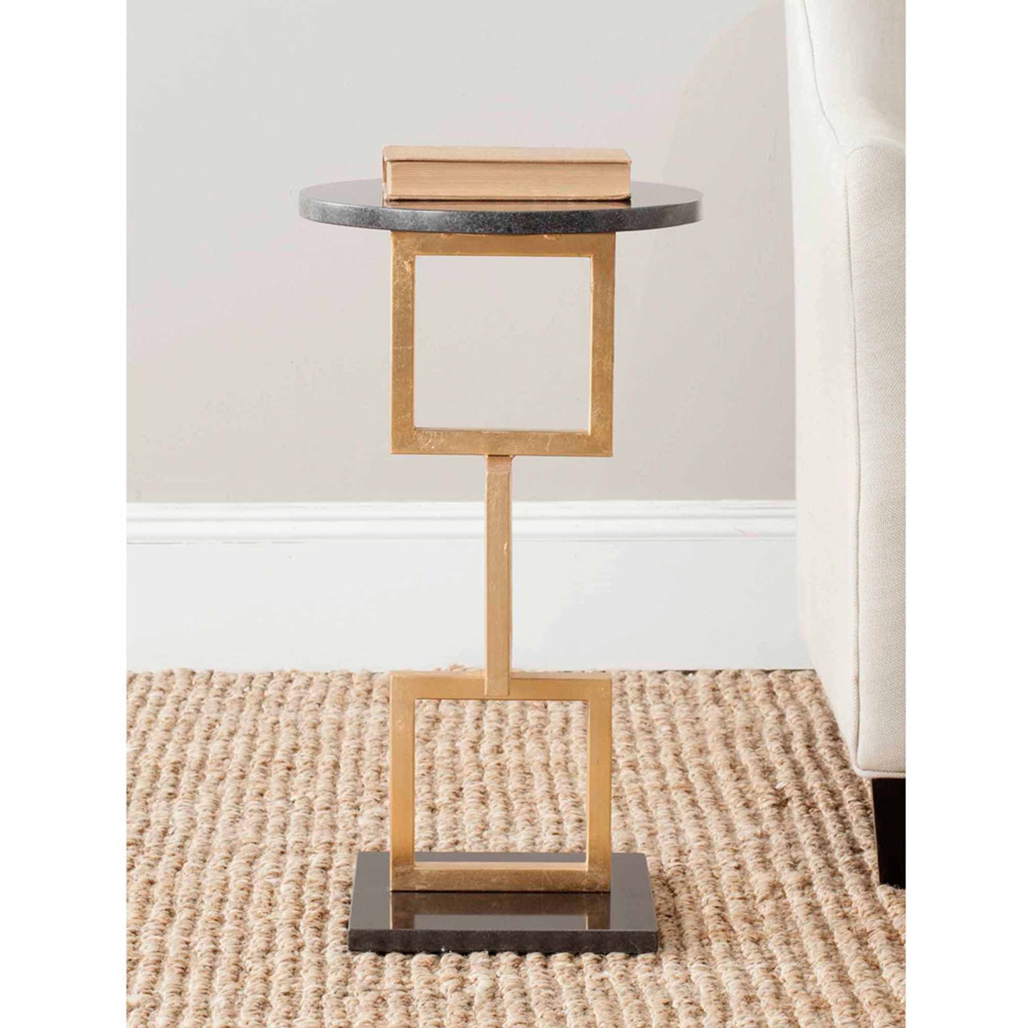 SAFAVIEH Cassidy 23 in. H Round Top Square Base Iron Accent Table, Gold/Black Marble