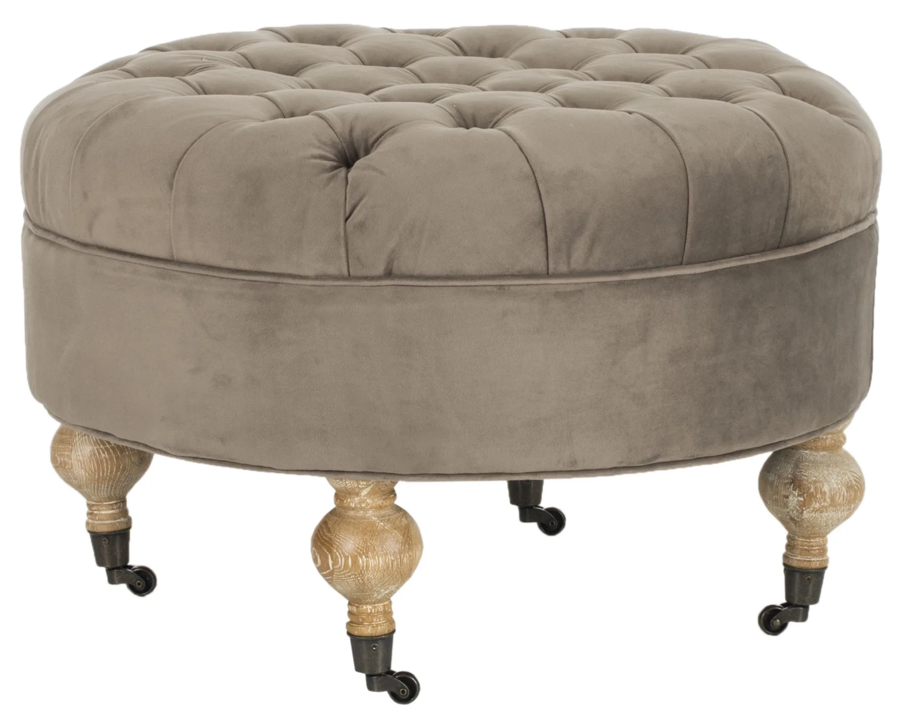 SAFAVIEH Clara Classic Rustic Tufted Round Ottoman with Casters, Mushrom Taupe